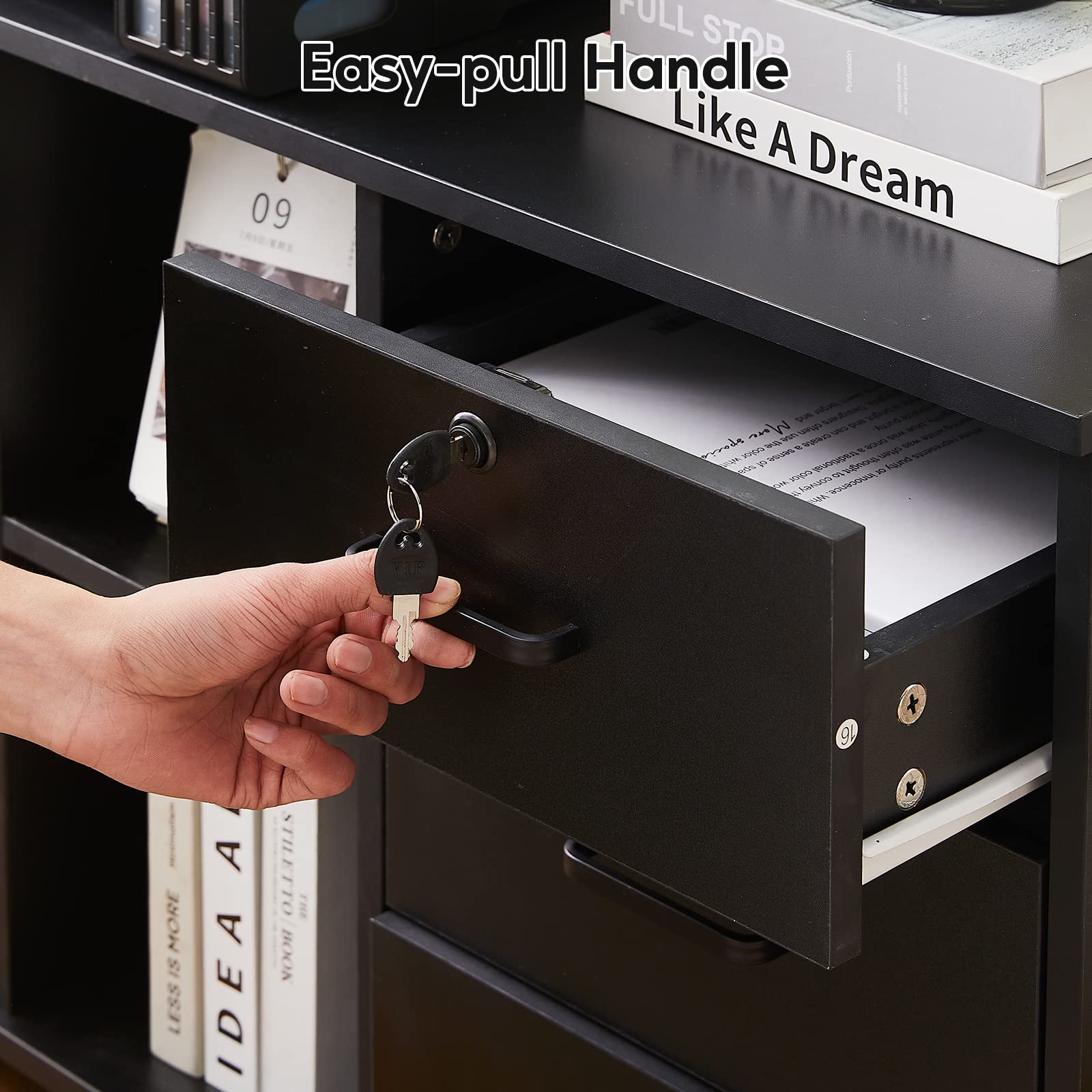TUKAILAi 3-Drawer Mobile File Cabinet with Door & Open Shelf - Lateral Printer Stand, Rolling Office Storage with 4 Wheels, Wooden Stationery Organizer for Home Office (Black) - Perfect for Small Spaces & Document Organization