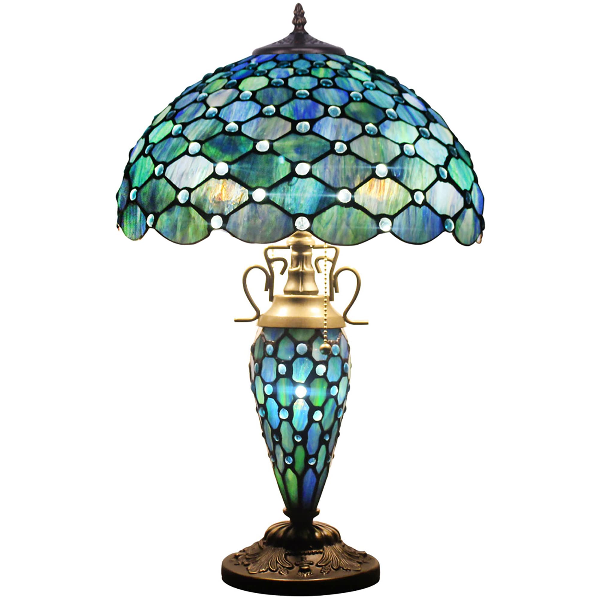 Tiffany Stained Glass Table Lamp - 16x16x24 Inch Antique Reading Lamp with Night Light, Sea Blue Pearl - Perfect for Living Room, Bedroom, and Office Decor