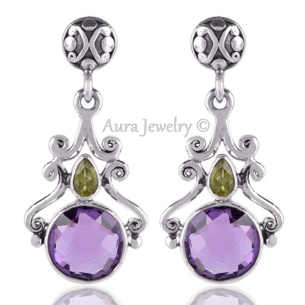 925 Sterling Silver Dangle Earrings for Women - Natural Amethyst & Peridot Hypoallergenic Jewelry | Elegant Christmas Gift for Her, Birthday Present, Anniversary, Party & Special Occasion Accessories