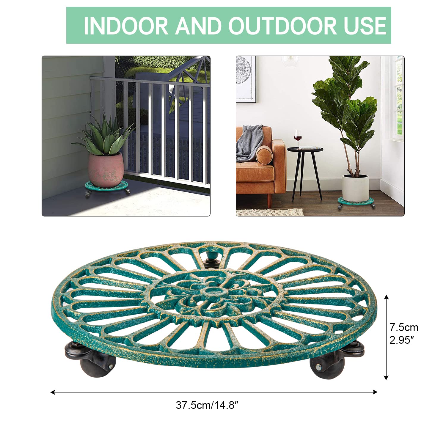 Heavy-Duty Cast Iron Plant Caddy with Wheels - 2 Pack 14.8