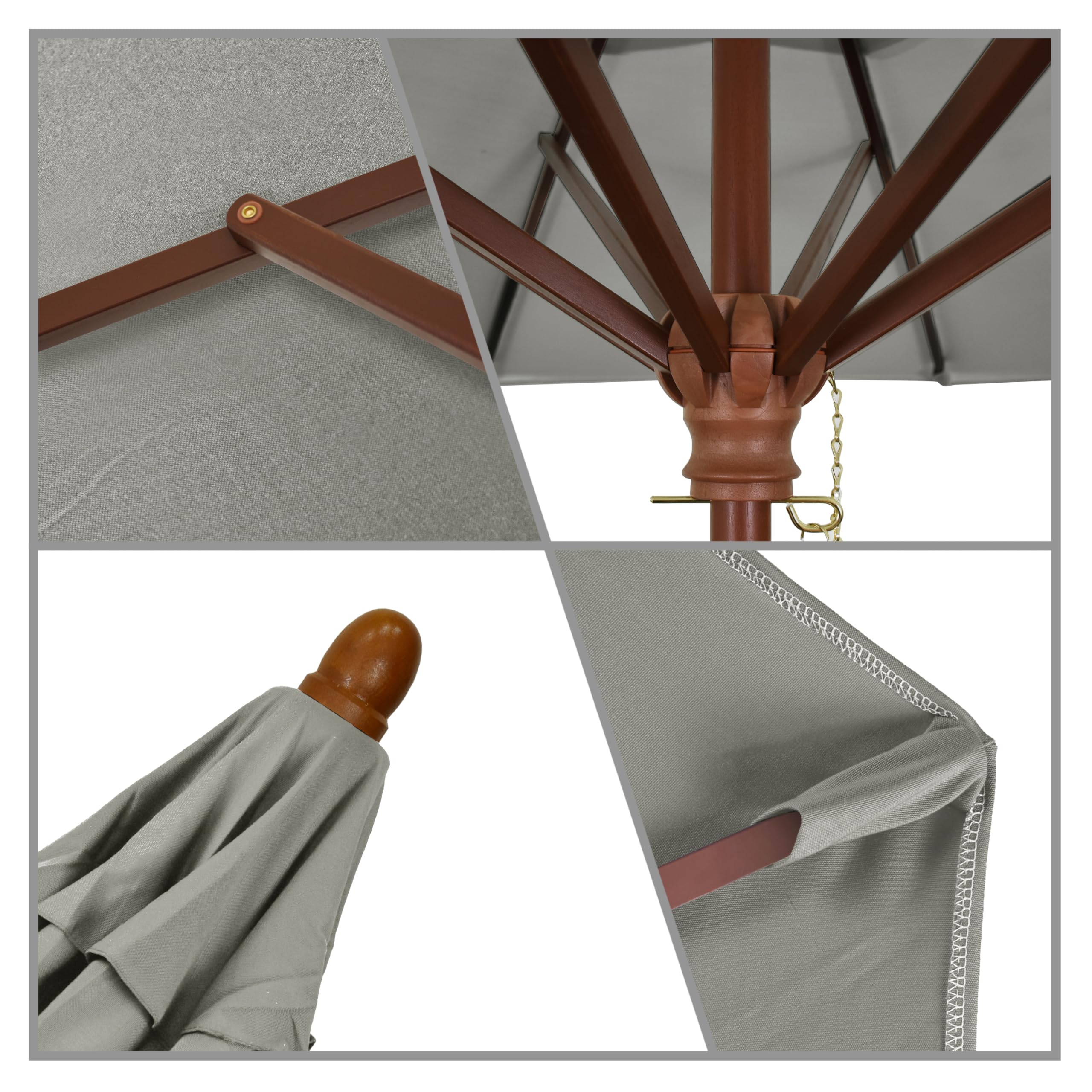 California 7.5' Round Wooden Market Umbrella with Push-Open Pin Stop Mechanism - Sunbrella Granite Fabric for Patio, Garden, and Outdoor Dining Protection