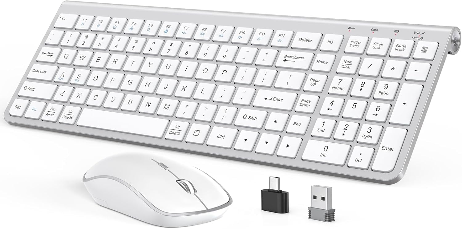 Upgraded Wireless Keyboard and Mouse Combo - Ergonomic, Dustproof, Portable with Number Keypad, Adjustable DPI for Laptop & PC (Windows/Mac) - Silver White - Perfect for Office, Home & Gaming Use