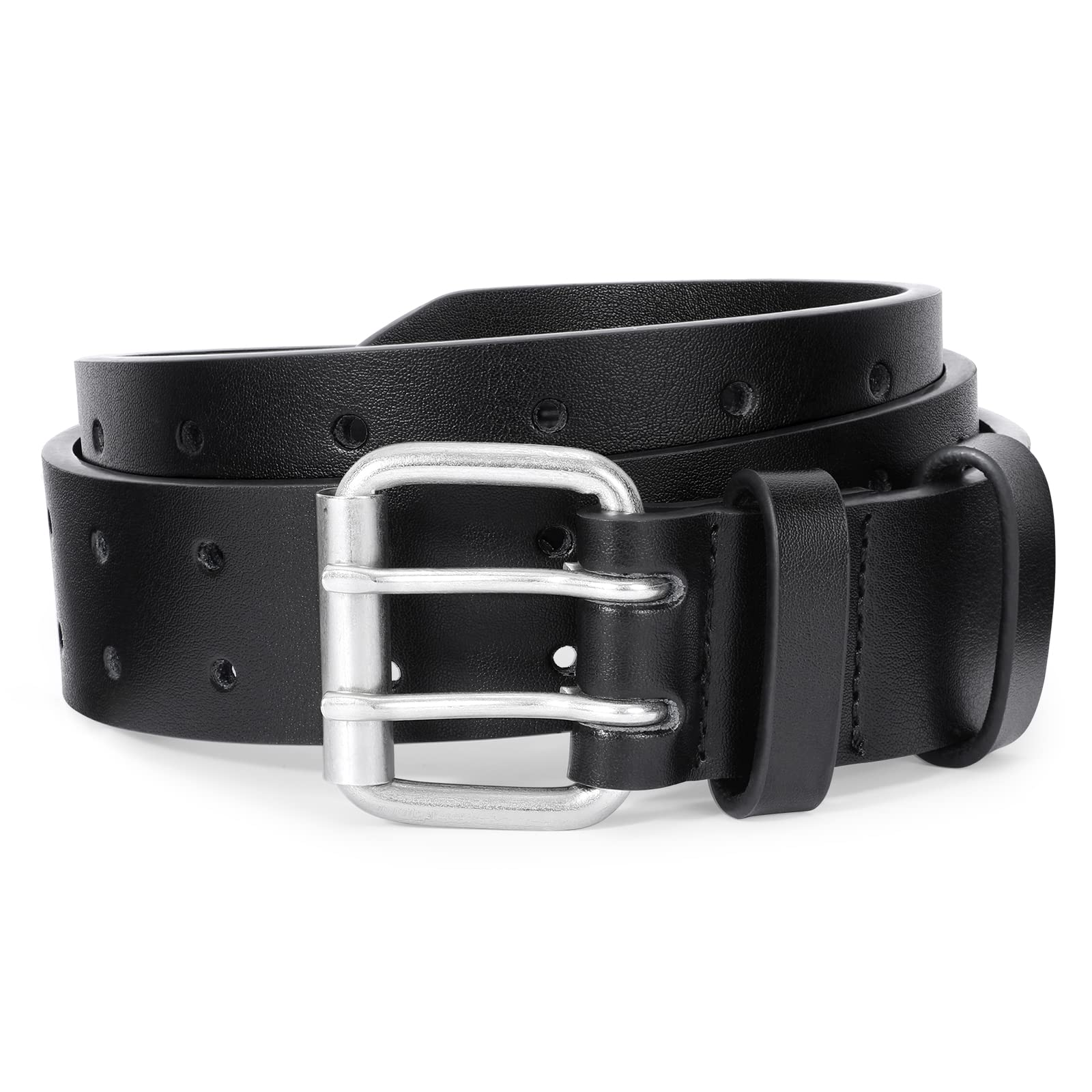 JASGOOL Men's Double Prong PU Leather Belt - Heavy Duty Casual Work Belt with Double Grommet Holes for Jeans | Perfect for Office, Daily Wear & Outdoor Activities