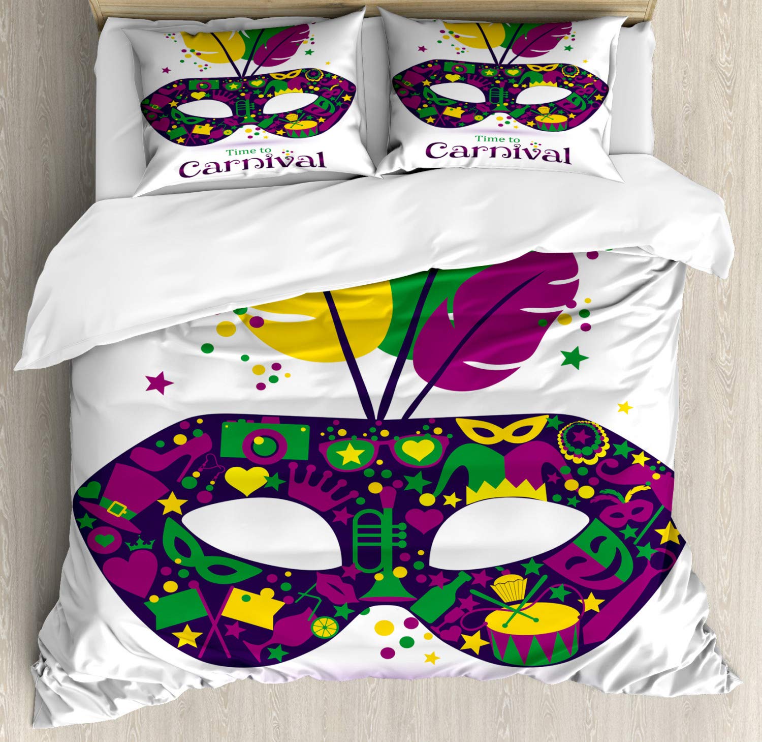 Ambesonne Mardi Gras Duvet Cover Set - Vibrant Carnival Theme with Feathers Design | 2-Piece Queen Size Bedding Set (2 Duvet Covers + 4 Pillowcases) in Magenta, Green & Yellow | Perfect for Festival Decor, Themed Parties & Bohemian Bedroom Styling