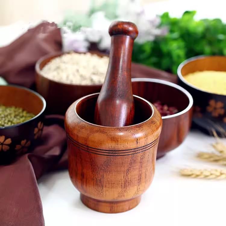 9.2oz Wooden Mortar and Pestle Set - Handcrafted Garlic Ginger Grinder, Spice Crusher Bowl for Fresh Guacamole, Salsa & Pesto - Perfect for Kitchen, Herb Grinding & Mexican Cooking