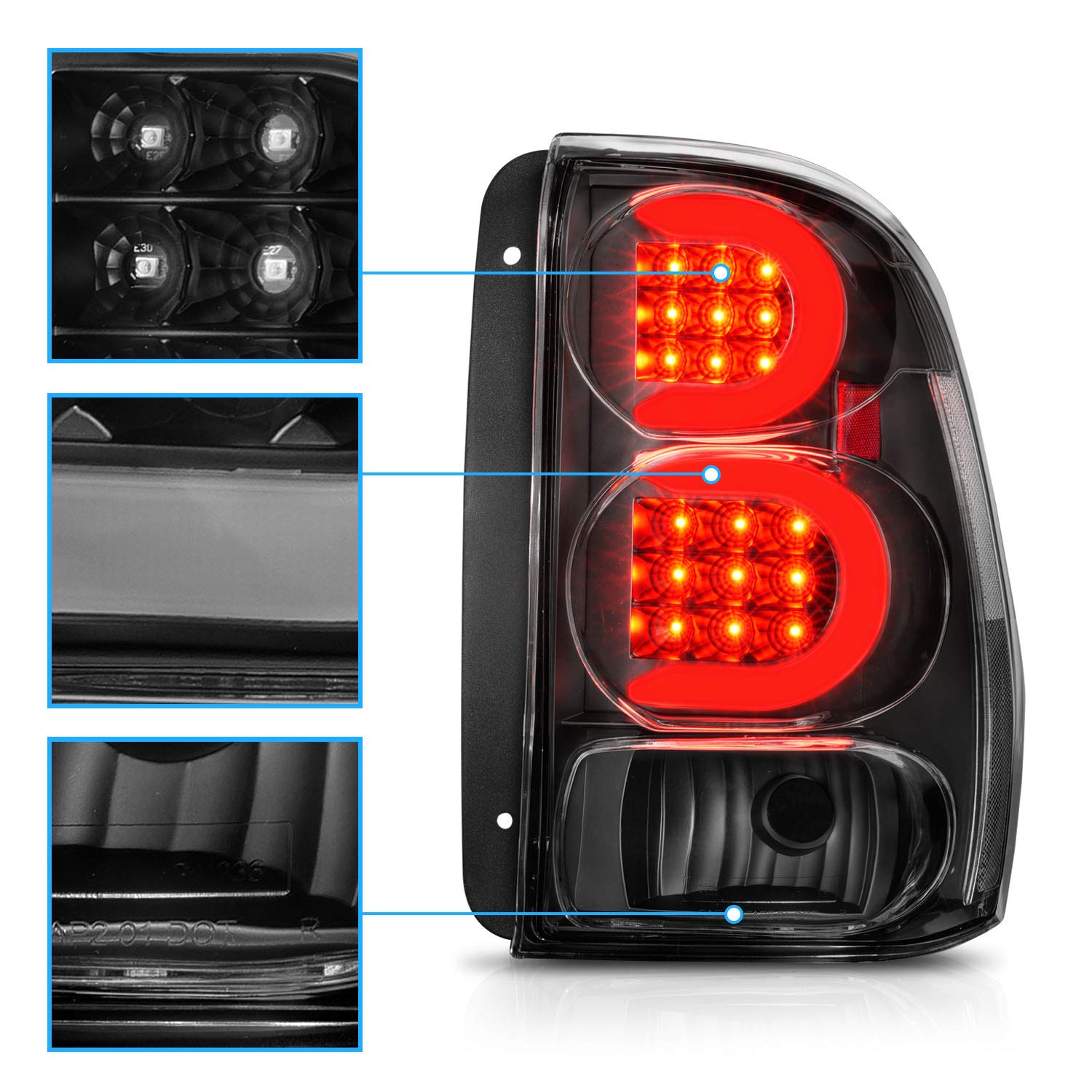 AmeriLite Clear Black C-Type LED Tube Tail Lights Brake Lamps Pair for 2002-2009 Chevy Trailblazer/EXT - Driver & Passenger Side | Enhanced Visibility & Style for Night Driving & Off-Road Adventures