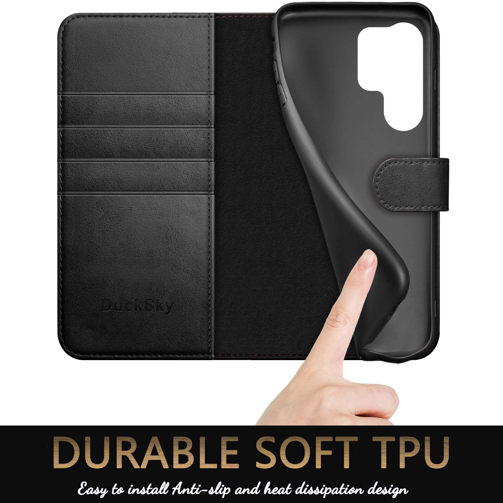Genuine Leather Wallet Case for Samsung Galaxy S24 Ultra - RFID Blocking, 4 Credit Card Holder, Flip Folio Book Cover - Protective Phone Case for Women & Men (Black) | Perfect for Business, Travel & Everyday Use