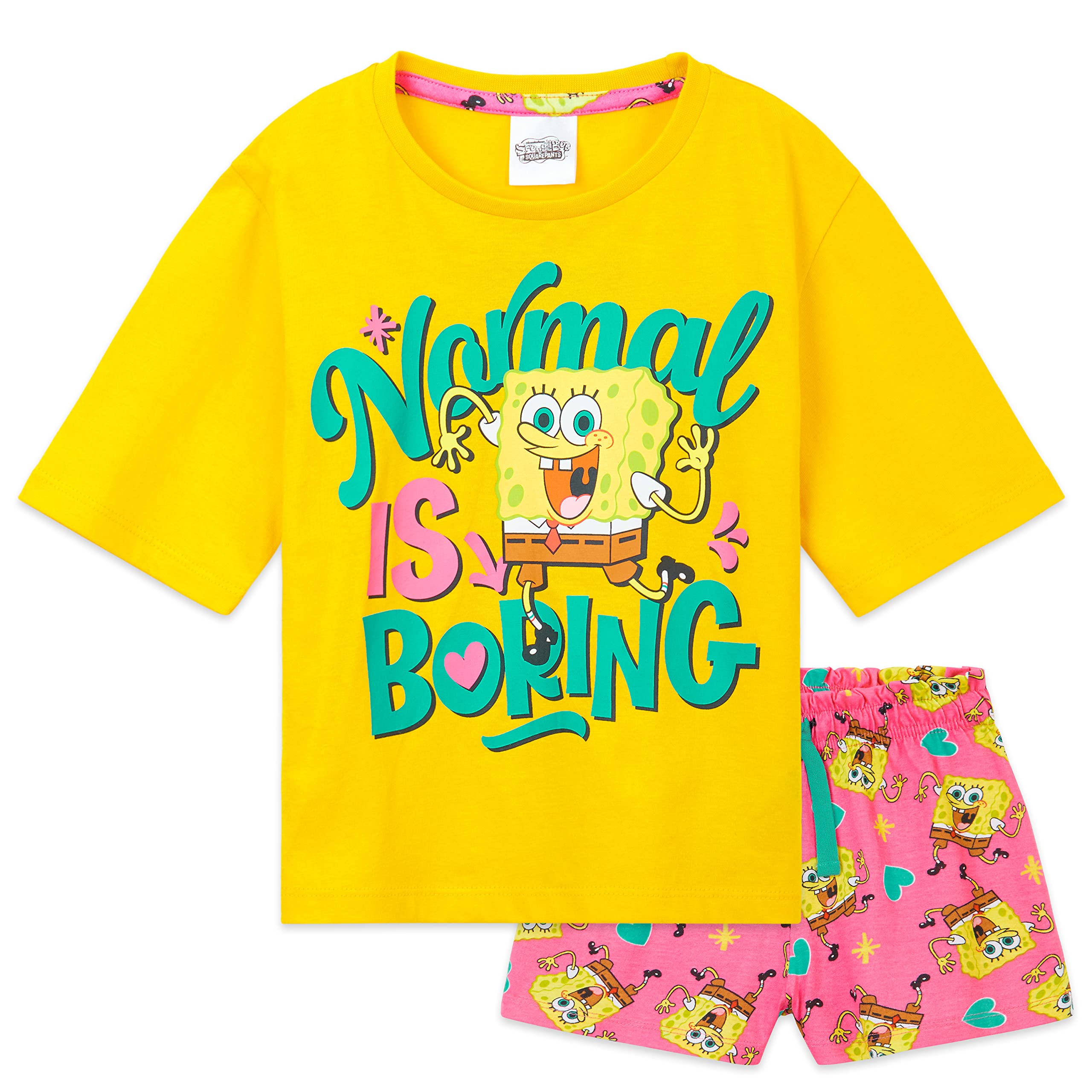 SpongeBob SquarePants Girls Pajama Set - Cute Cartoon Sleepwear & Lounge Wear Cropped T-Shirt - Soft Cotton PJs for Kids - Perfect Birthday Gift for Girls - Ideal for Sleepovers, Bedtime & Relaxing at Home