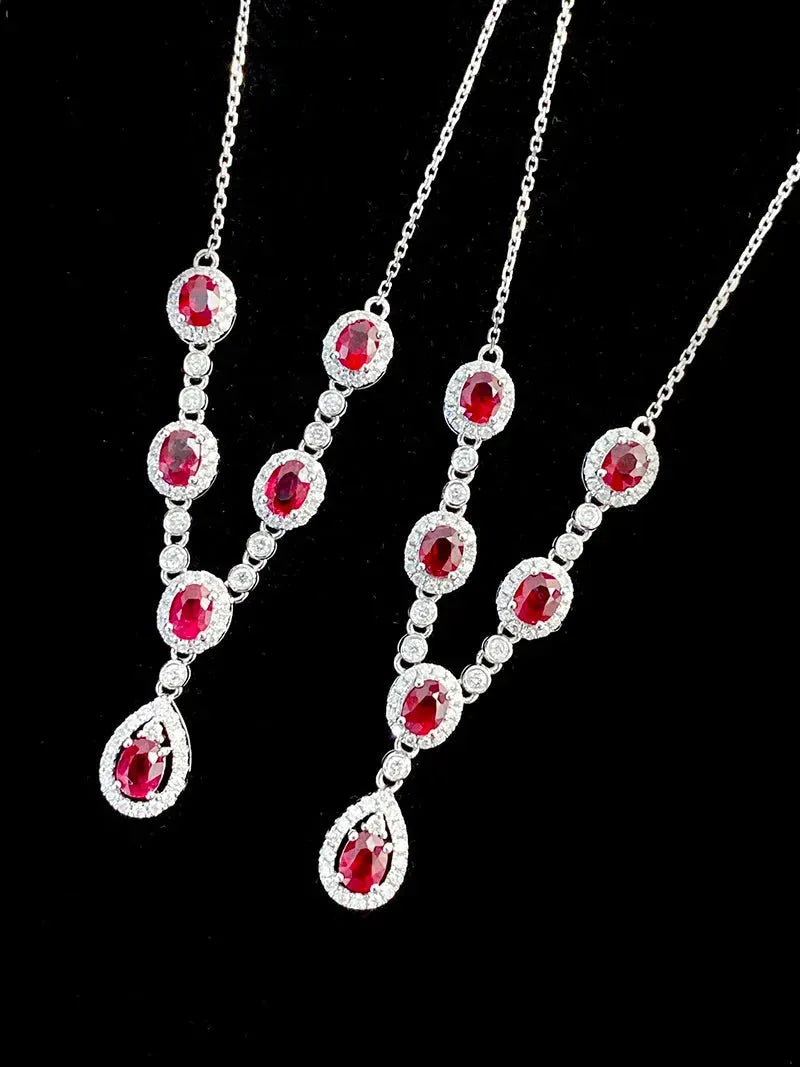 18K White Gold Ruby and Diamond Necklace for Women - Y-Shaped Luxury Fine Jewelry with Natural Gemstones - Perfect for Senior Banquets, Parties & Special Occasions