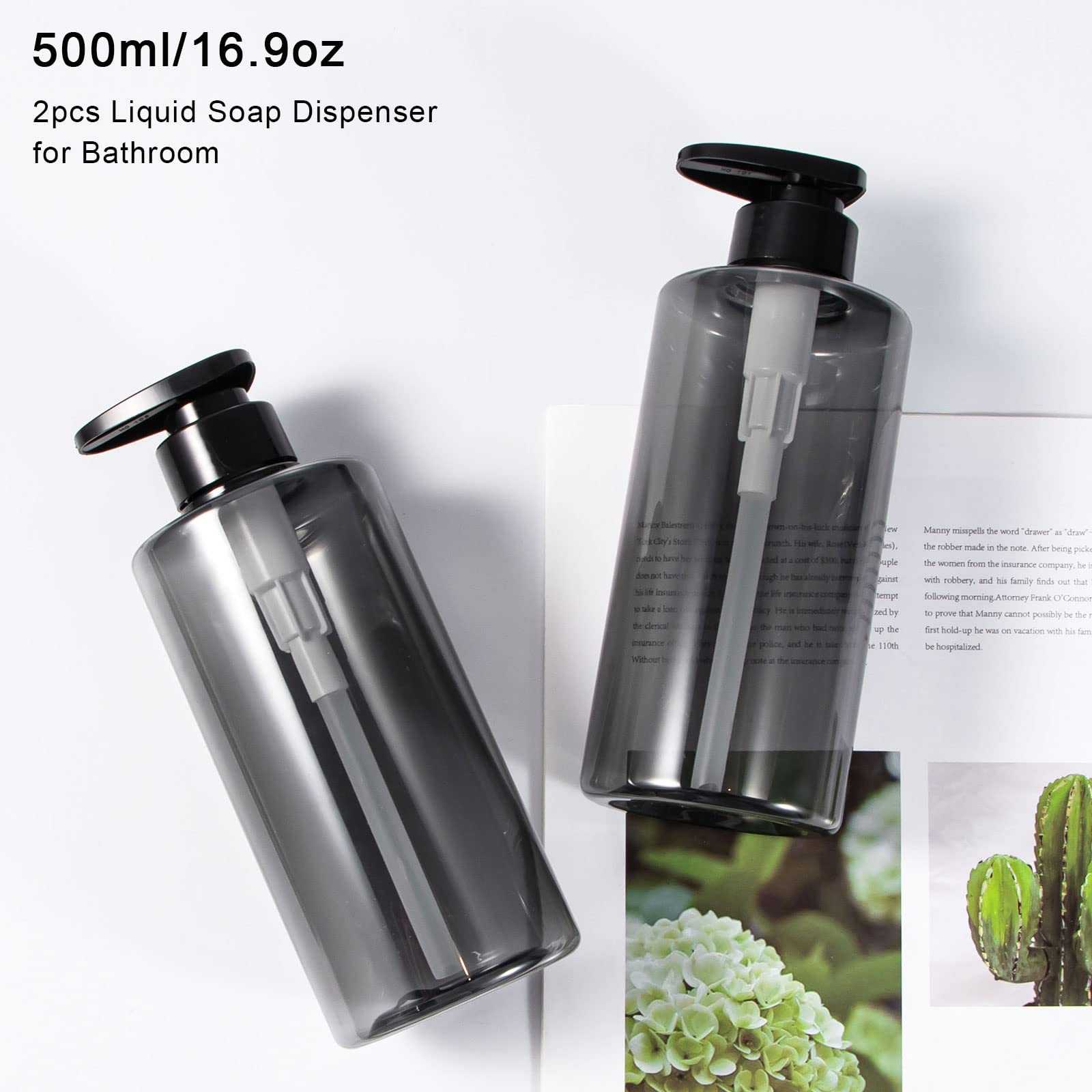 Yebeauty 2 Pack 17oz/500ml Refillable Pump Shampoo Bottles - Clear Grey Squeeze Lotion Dispenser for Shampoo, Conditioner & Body Wash | Perfect for Bathroom, Shower & Travel Use