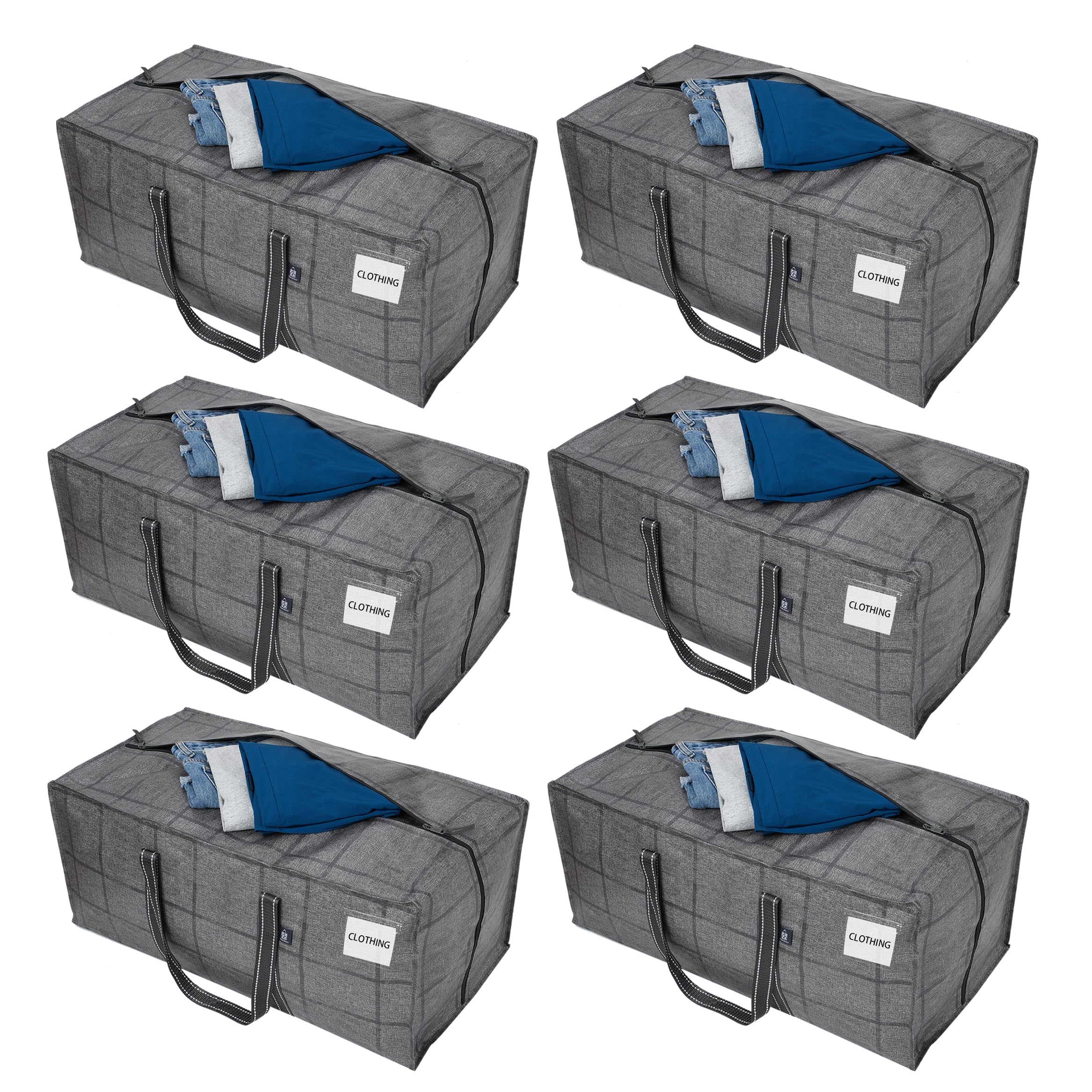 VENO 6-Pack Extra Large Heavy Duty Moving Bags with Zippers & Reinforced Handles - Waterproof Storage Bags for Clothes, Laundry, Travel & Camping - Durable Foldable Moving Box Alternative (Black Window Design) - Perfect for Home Organization, College Dorm Move & Outdoor Adventures