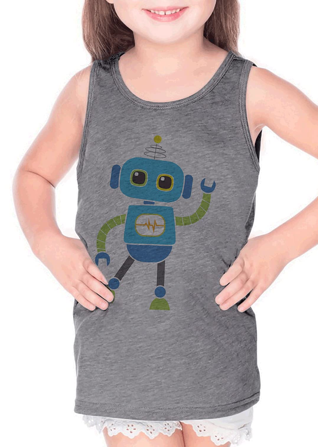 Kids Robot Grey Tank Top - 7 ate 9 Apparel | Fun Graphic Tee for Boys & Girls | Perfect for Summer Play & Casual Outfits