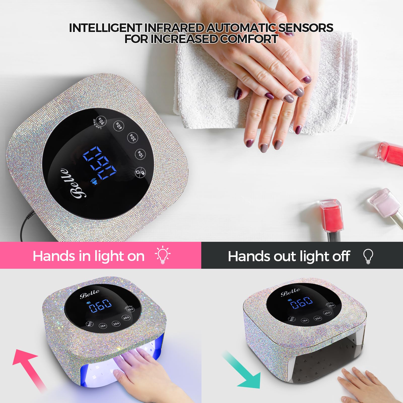 Professional UV LED Nail Lamp for Gel Nails - 4 Timer Modes, Fast Drying with Diamond Rhinestone Decor - Perfect for Home Manicures, Nail Salons & DIY Nail Art