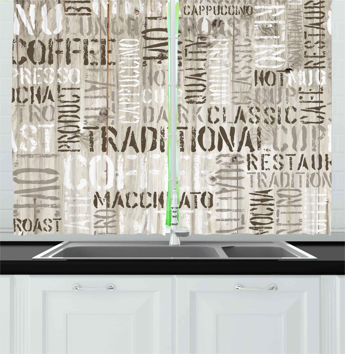 Ambesonne Modern Kitchen Curtains Set of 2 - Wooden Background with Coffee Theme (Espresso, Hot Chocolate, Cappuccino) - 55