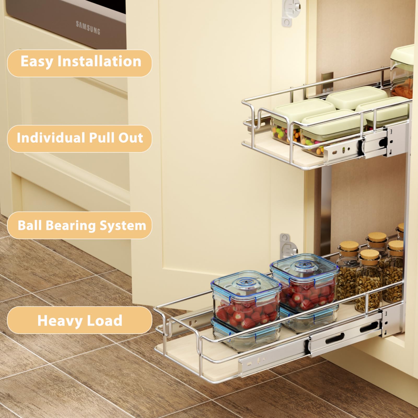ROOMTEC 2-Tier Pull Out Cabinet Organizer - Wood Slide Out Shelves for Kitchen Storage (5.5