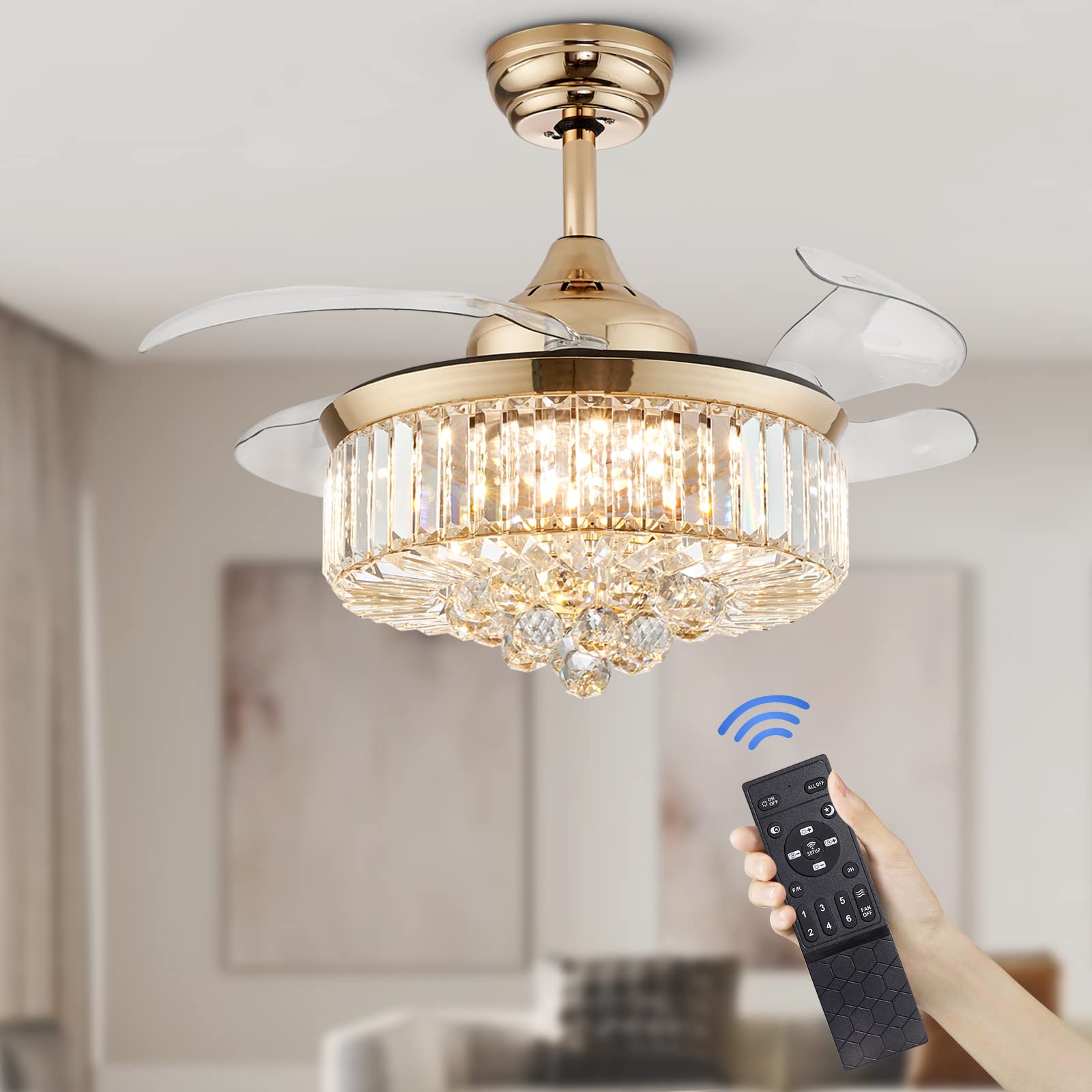 Modern Crystal Ceiling Fan with LED Light - 36