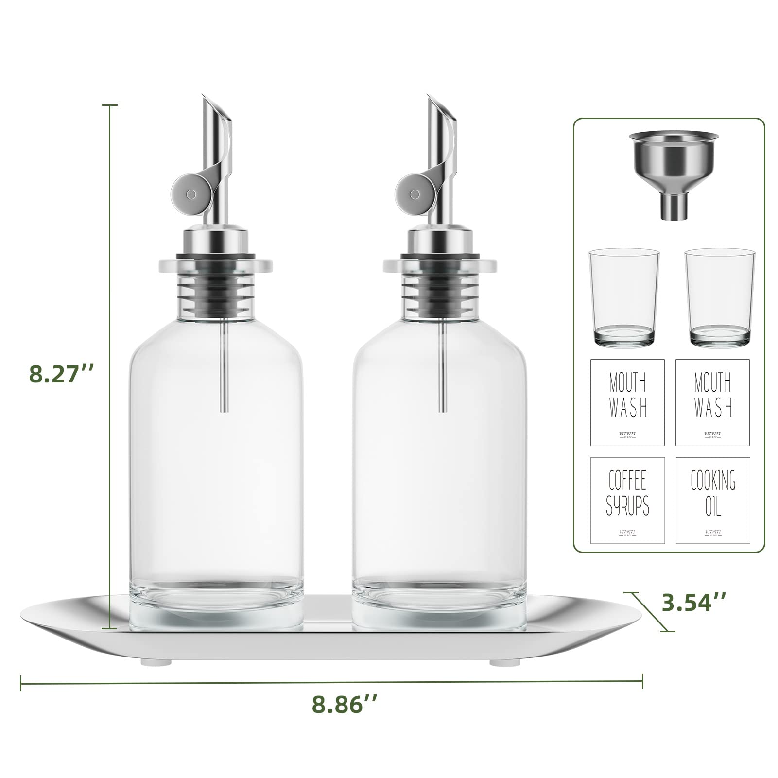 VITVITI 11.8OZ Glass Mouthwash Dispenser with Stainless Steel Tray & Cups - Bathroom Countertop Organizer for Oral Care Essentials, Perfect for Home, Hotel, and Spa Use