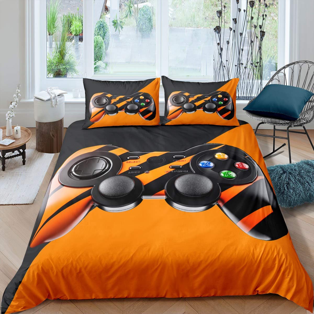 Feelyou Video Game Controller Print Comforter Set - Gamer Bedding for Kids, Boys, Girls & Teens - Colorful Action Button Design - Twin Size Black & Orange Duvet Cover (2PC) - Perfect for Gaming Rooms, Teen Bedrooms & Game-Themed Decor