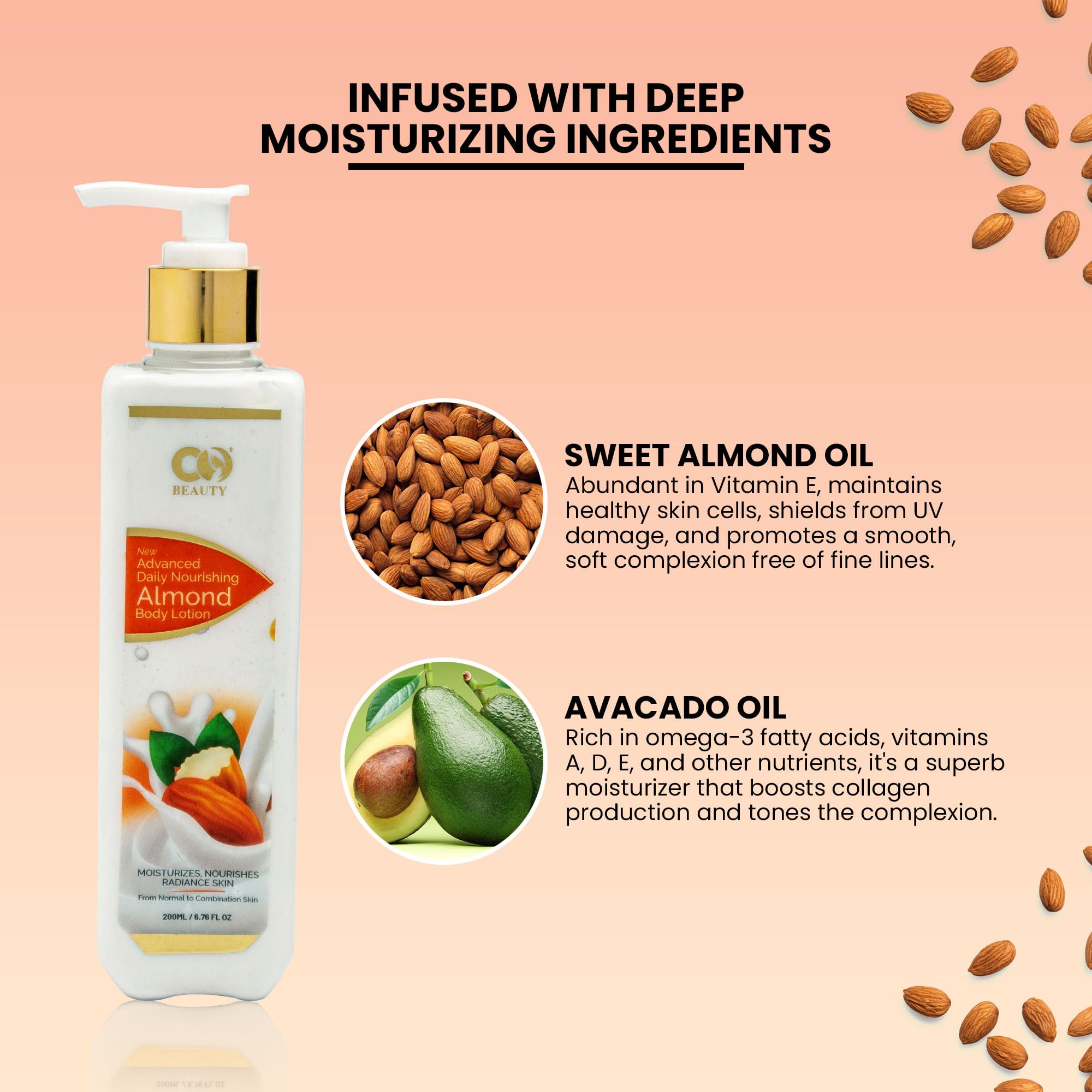CO Beauty Deep Nourishing Almond Body Lotion - 200ml | Vitamin E Enriched Hydrating Body Cream with Avocado & Castor Oil | Non-Greasy, Paraben & SLS Free Moisturizer | Perfect for Dry Skin Care & Daily Hydration