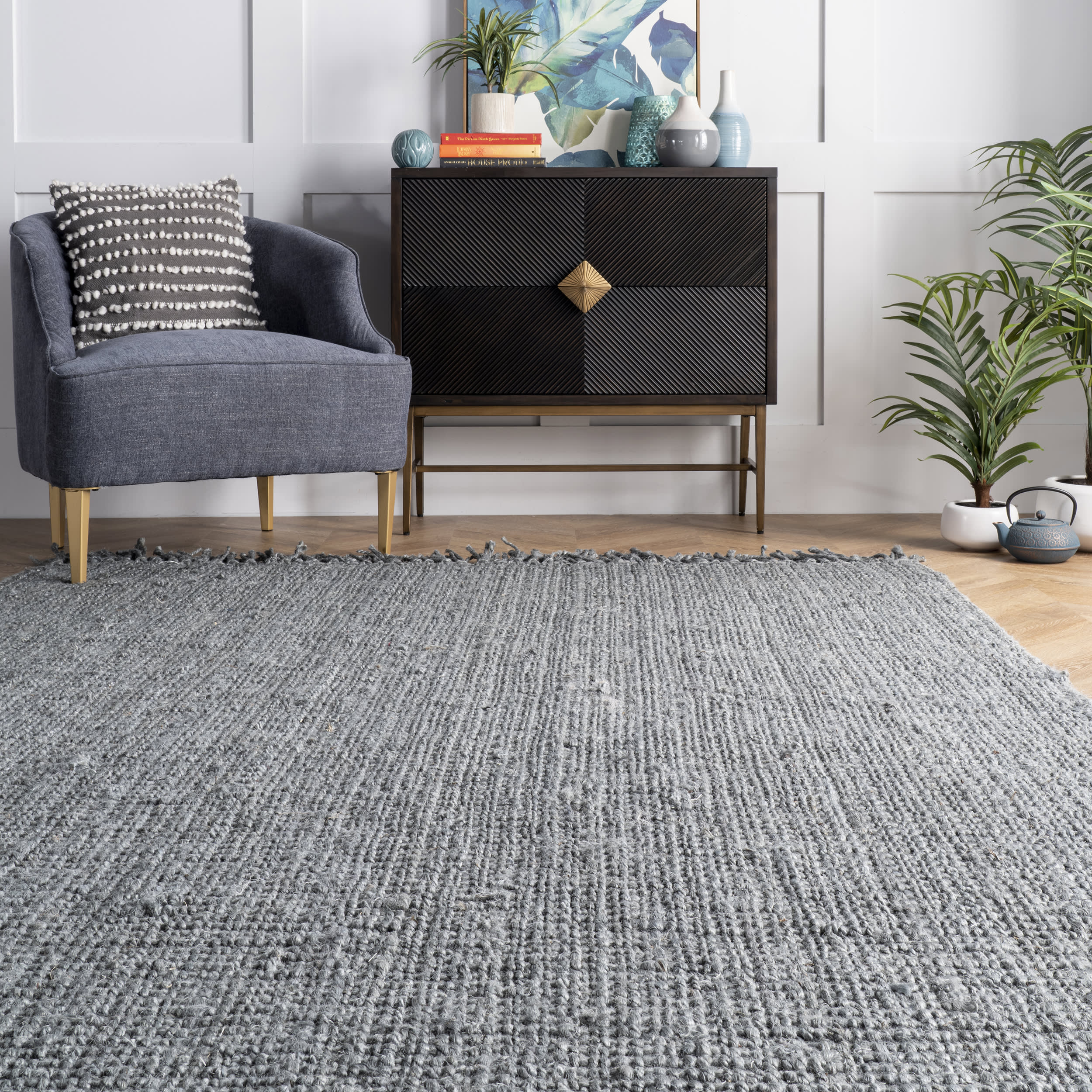 Chunky Jute Tasseled Rug - Soft Natural Fiber Area Rug in Grey | Boho Chic Home Decor for Living Room, Bedroom & Nursery