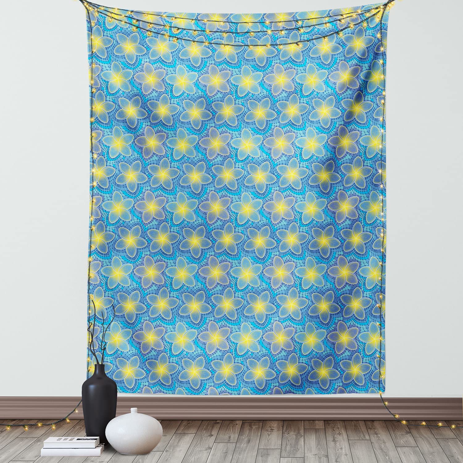 Ambesonne Floral Yellow Tapestry - Exotic Dot Plumeria Petals on Mosaic Backdrop Wall Hanging Decor for Bedroom, Living Room, Dorm - 40x60 Inches in Sky Blue & Yellow - Perfect for Boho Home Decor, Yoga Studio & Photo Backdrop