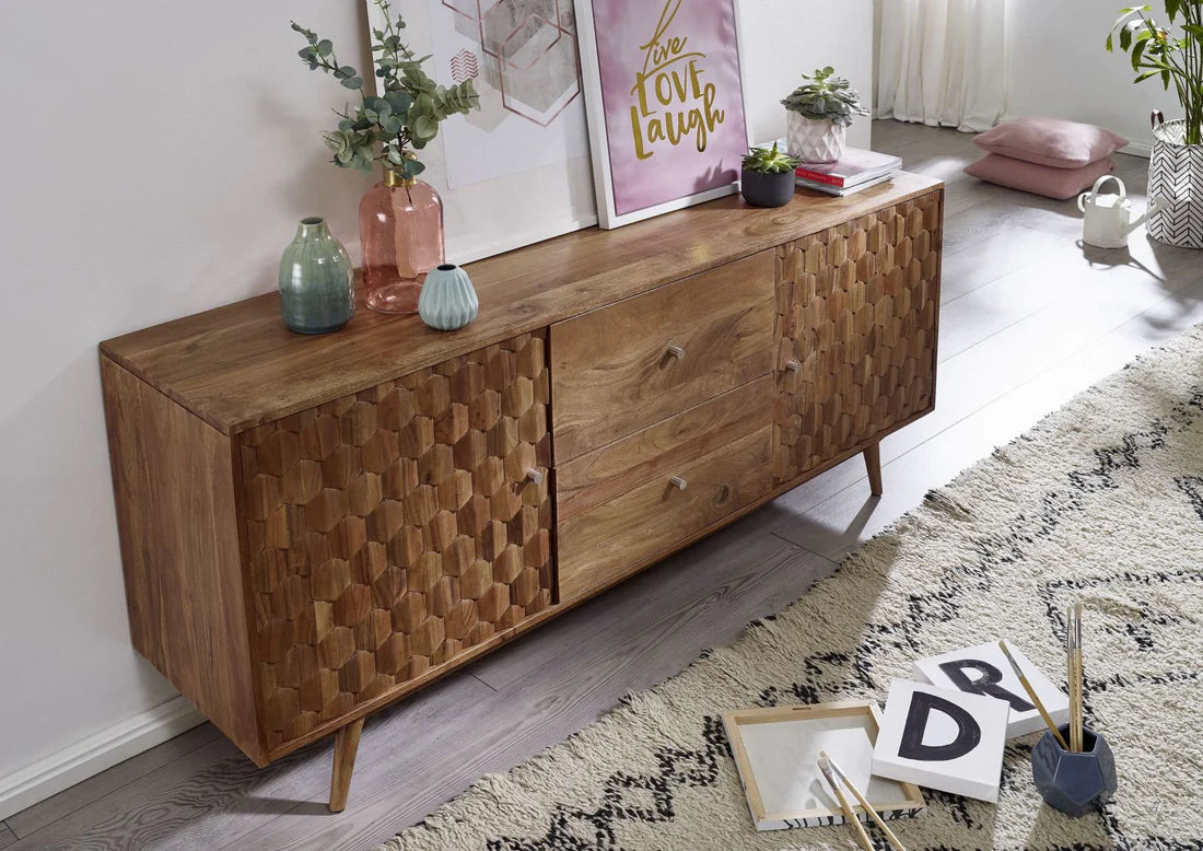 Gfine Solid Acacia Wood Sideboard - 2 Doors & 2 Drawers, 180x42x75cm - Perfect for Living Room Storage & Dining Room Buffet