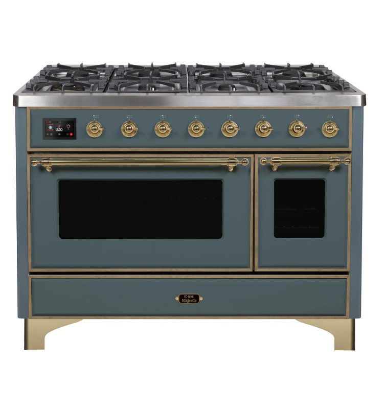 ILVE Majestic II 48-Inch Dual Fuel Range - Blue Grey with Brass Trim - Propane Gas & Electric Oven - Professional Freestanding Kitchen Appliance for Home Chefs & Gourmet Cooking