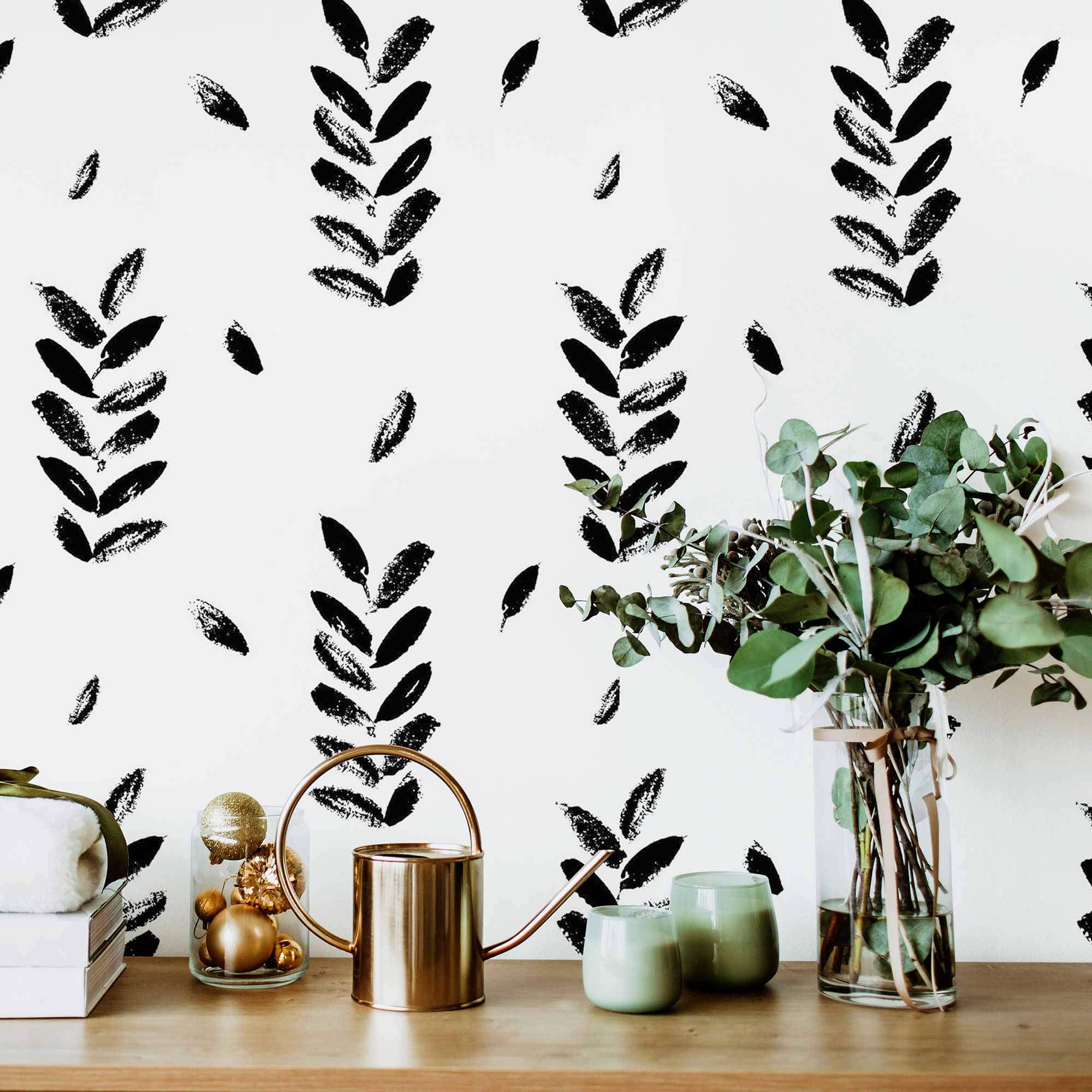 Black and White Leaves Peel and Stick Removable Wallpaper - Self-Adhesive Decorative Wall Mural for Bedroom, Living Room, Nursery - Easy to Apply & Remove - Perfect for Home Decor and DIY Projects