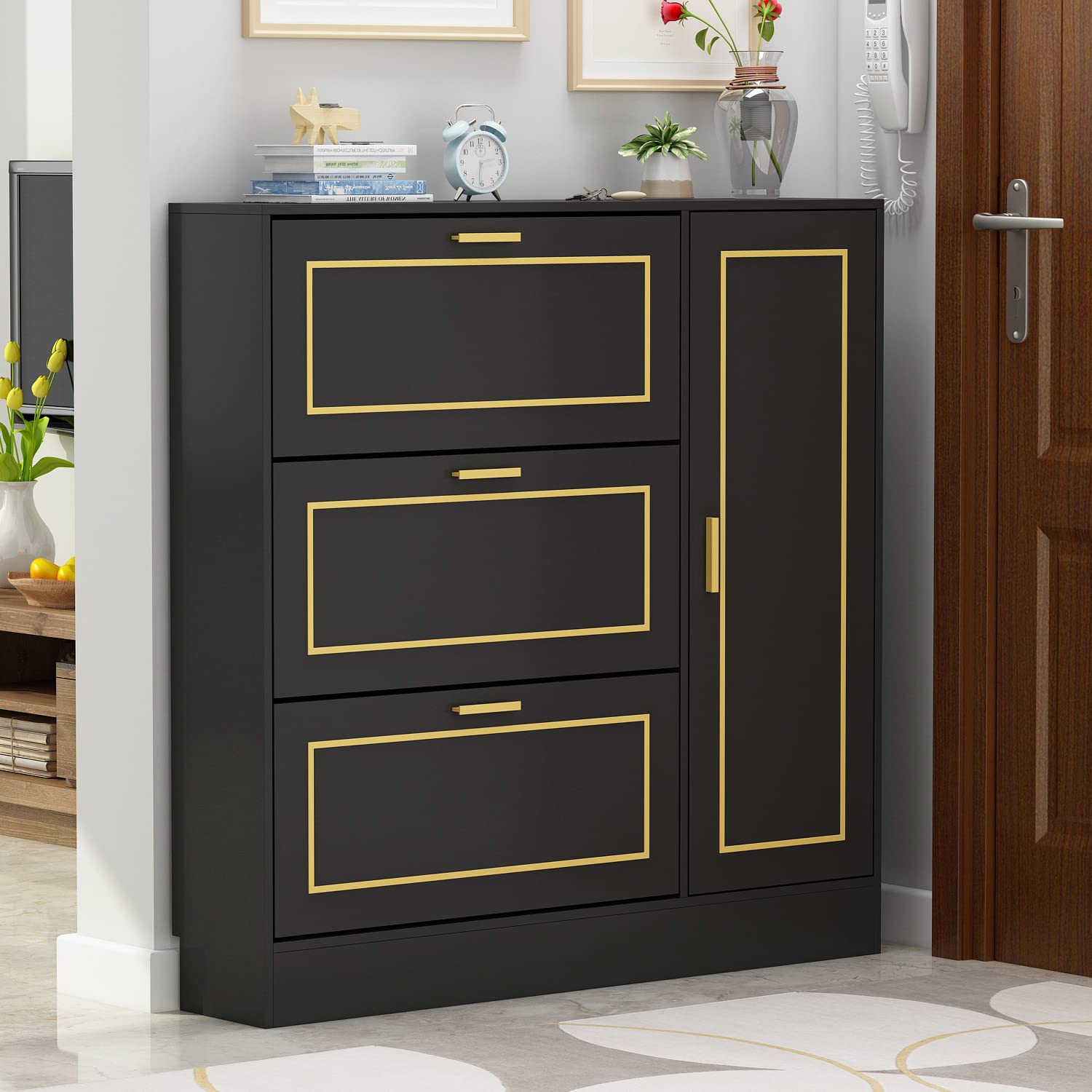FUFU&GAGA 3-Drawer Shoe Cabinet with Storage Shelf - Modern Entryway Shoe Organizer, Freestanding Shoe Rack for Hallway (Black, 47.2”W x 9.5”D x 47.2”H) - Perfect for Small Spaces & Apartment Living