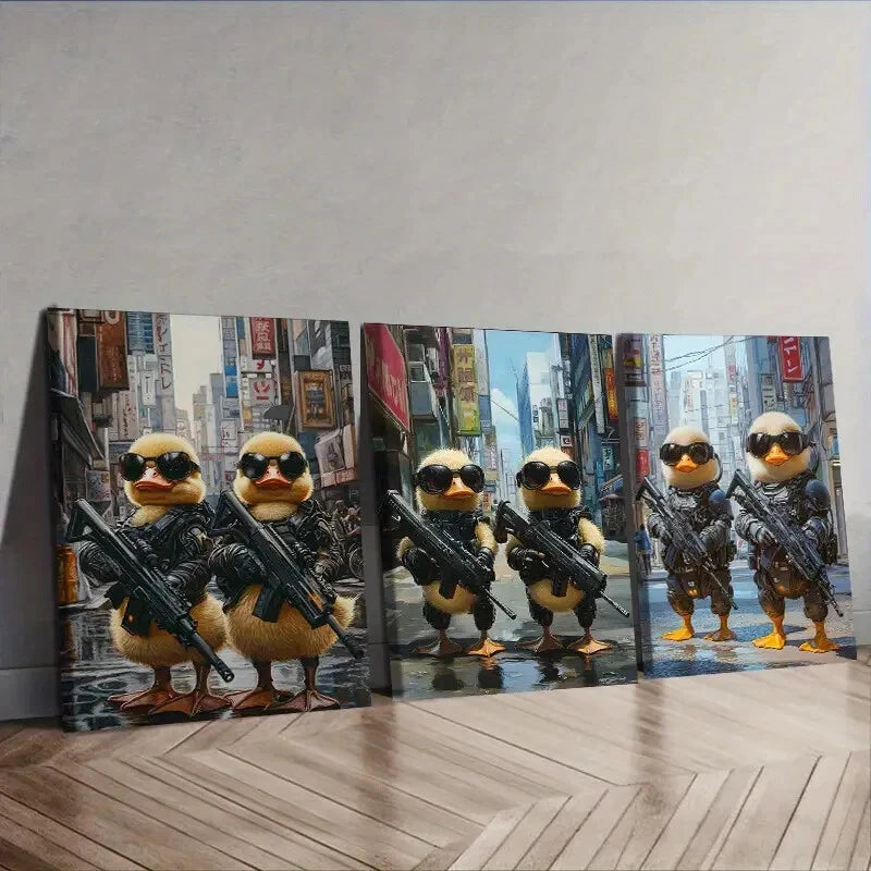 Cyberpunk Armor Baby Ducks Wall Art Set - 3 Piece Framed Canvas Prints 40x60cm, High Quality Australian Made Home Decor for Nursery, Kids Room & Gaming Room