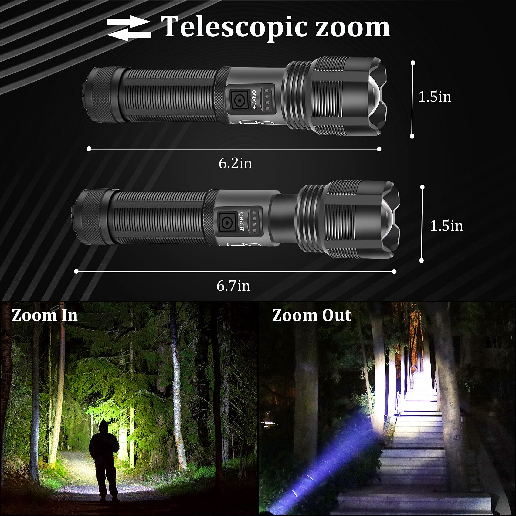 10000 Lumens Rechargeable Tactical Flashlight - Mini Handheld LED Flashlight with 3000mAh Battery, 5 Lighting Modes, Zoomable & IPX8 Waterproof - USB Charging Emergency Light for Camping, Hiking, Dog Walking, Power Outages & Outdoor Adventures