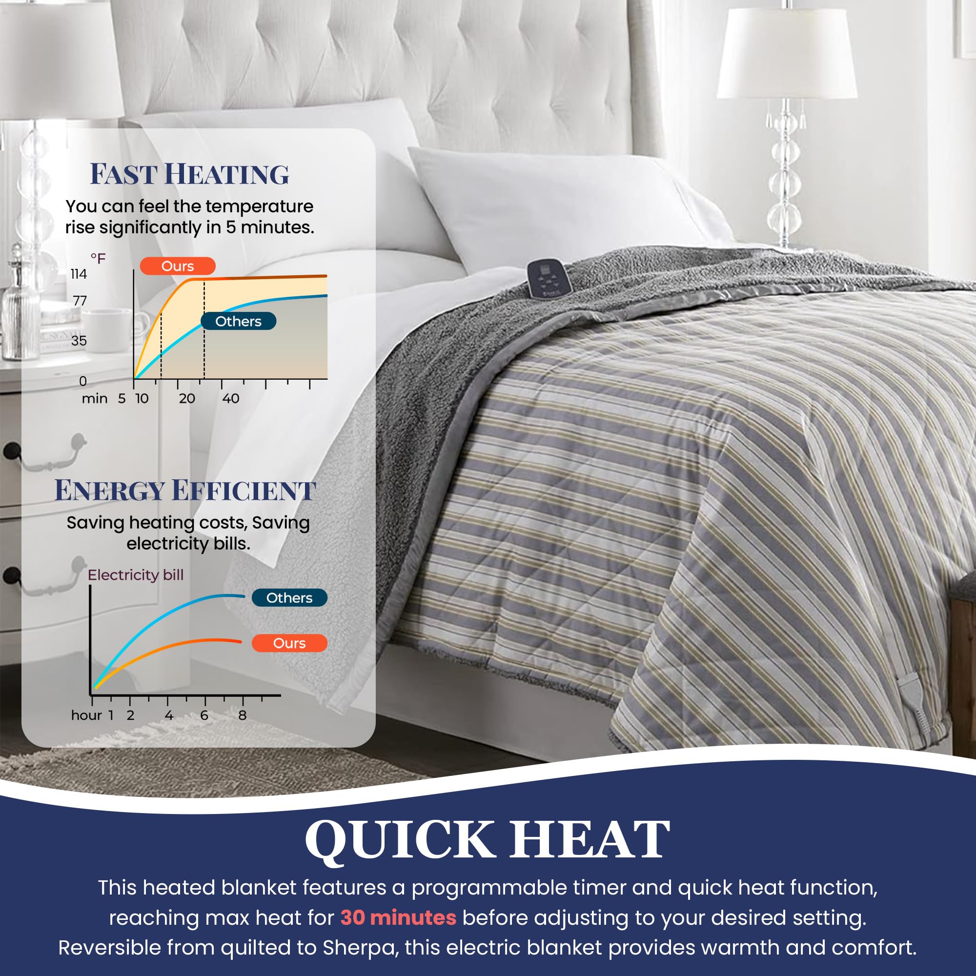 Thermee Micro Flannel Heated Blanket with Sherpa Back - 10 Heat Settings Queen Size Electric Blanket, Programmable Fast Heating Thermal Throw - Ultra Soft for Winter, Bed, Sofa & Office Use - City Stripe Design