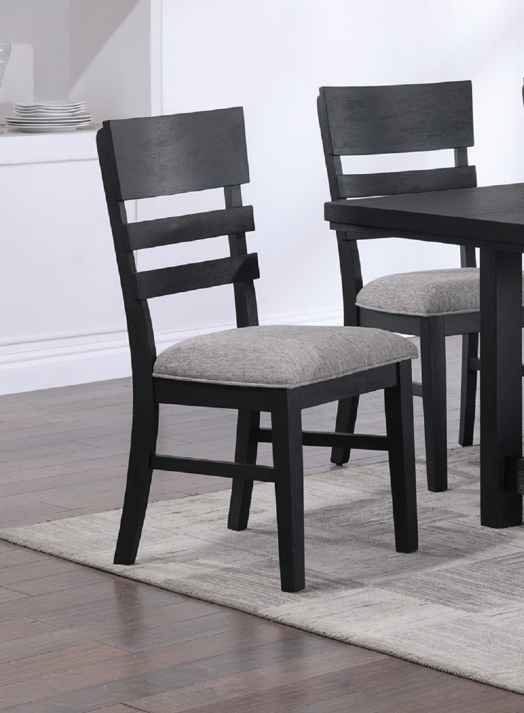 2-Piece Black Finish Side Chairs with Gray Fabric Upholstered Seat - Ladder Back Contemporary Transitional Style Wooden Dining Chairs for Kitchen, Breakfast Nook & Small Space Decor