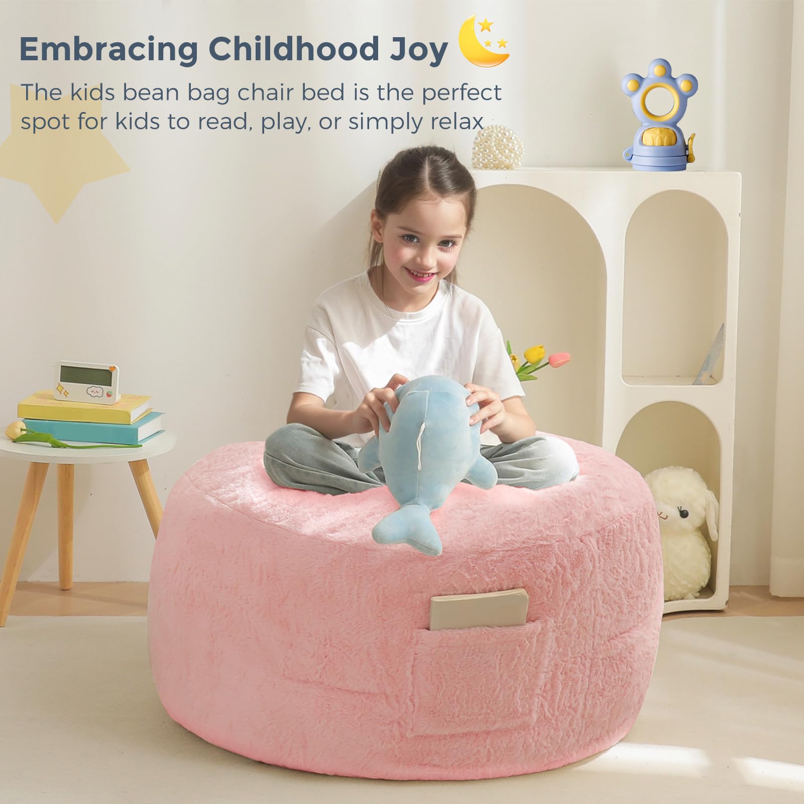 MAXYOYO Kids Bean Bag Chair Bed - Convertible Lazy Chair to Floor Mattress | Soft Pink Lounge Furniture for Playroom, Dorm & Sleepovers | Toddler & Teen Comfort Seating