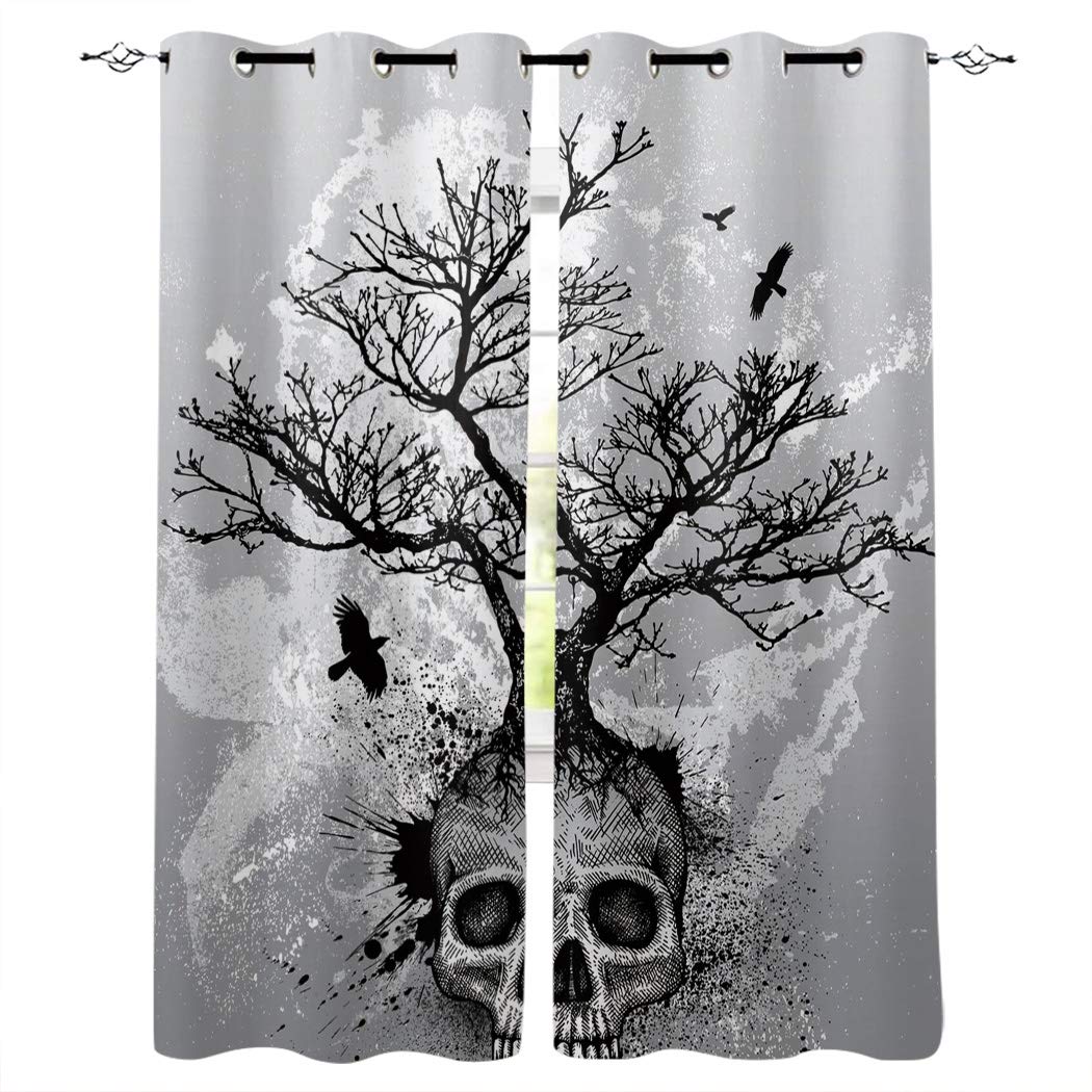 72 Inch Sheer Window Curtains with Grommet Top - 2 Panel Set Skull Branch Bird Design for Living Room, Bedroom & Nursery | Light Filtering Drapes for Sliding Glass Doors, Girls Room & Home Decor