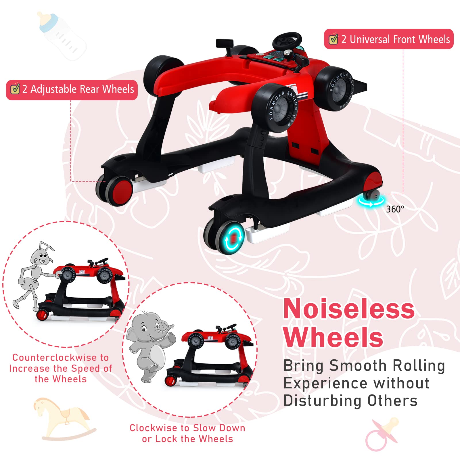 BABY JOY 4-in-1 Foldable Baby Activity Walker with Adjustable Height & Speed - Musical Light-Up Push Walker Toy with Anti-Rollover Wheels for Toddlers 6-18 Months (Red) | Perfect for Learning to Walk, Indoor Play & Early Development