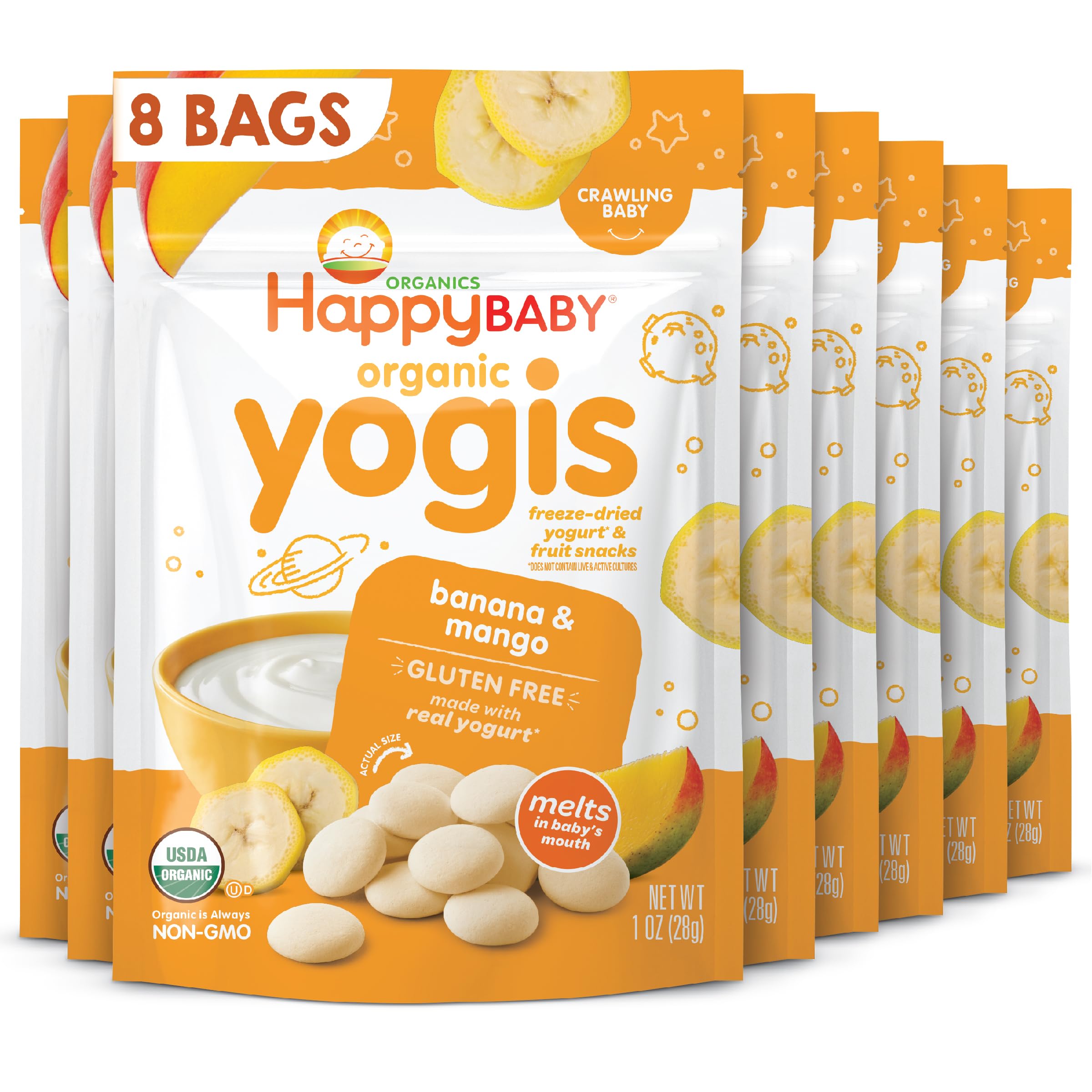 Happy Baby Organics Freeze-Dried Yogurt & Fruit Snacks - Banana Mango Flavor, 1oz Bags (Pack of 8) | Healthy Toddler Snacks for Daycare, Travel & On-the-Go | USDA Organic, No Artificial Flavors