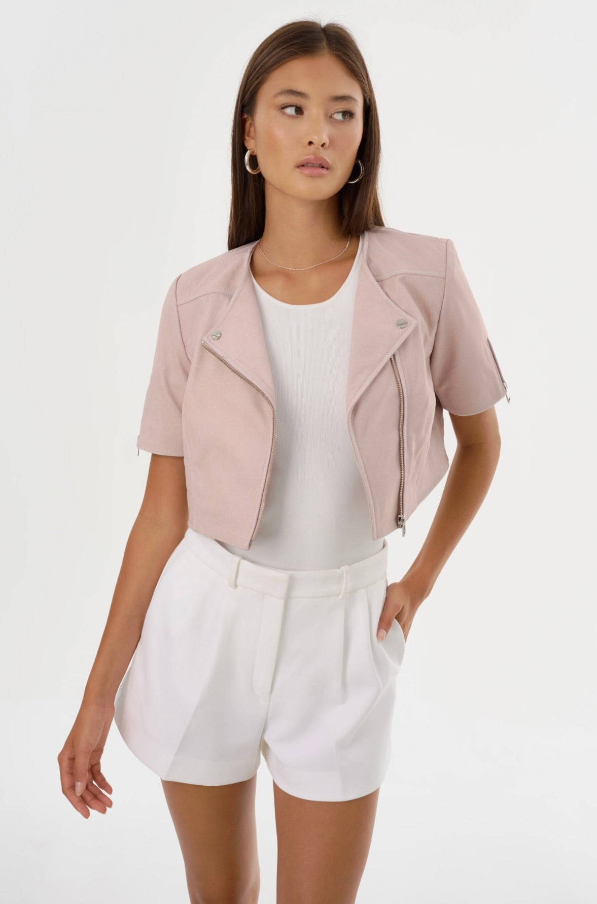 Kirsi Cropped Biker Jacket for Women - Pink Denim Motorcycle Jacket, Stylish Faux Leather Trim, Fashionable Outerwear for Casual Wear, Street Style & Night Out