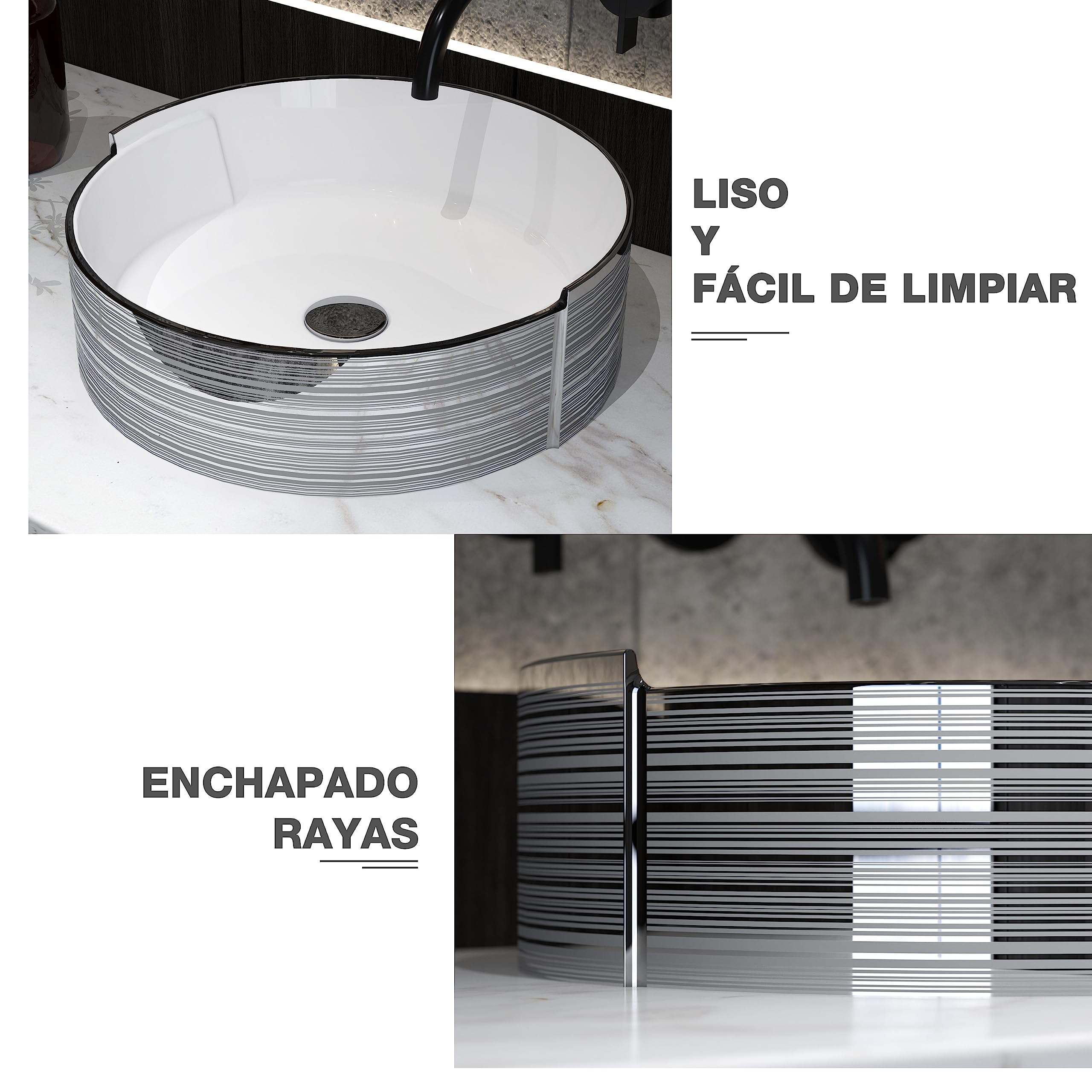 MEJE 16.75 Inch Modern Round Porcelain Vessel Sink - Elegant Silver Stripe Design, Above Counter Bathroom Basin with Pop-Up Drain - Perfect for Contemporary Bathrooms, Powder Rooms, and Vanity Makeovers
