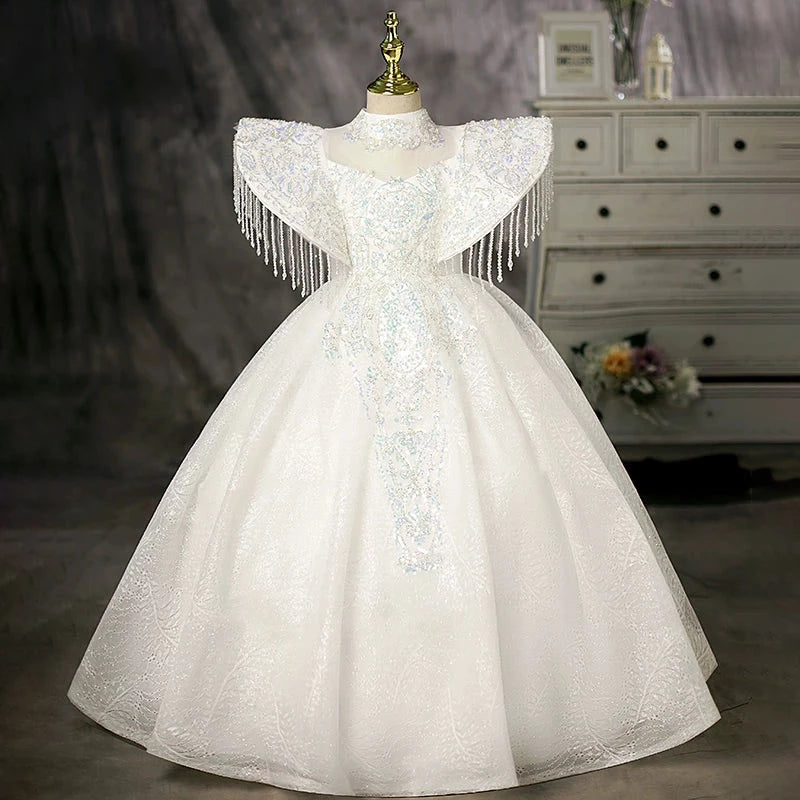 Elegant White Princess Mock Neck Floor-Length Polyester Flower Girl Dress for Weddings & Special Occasions