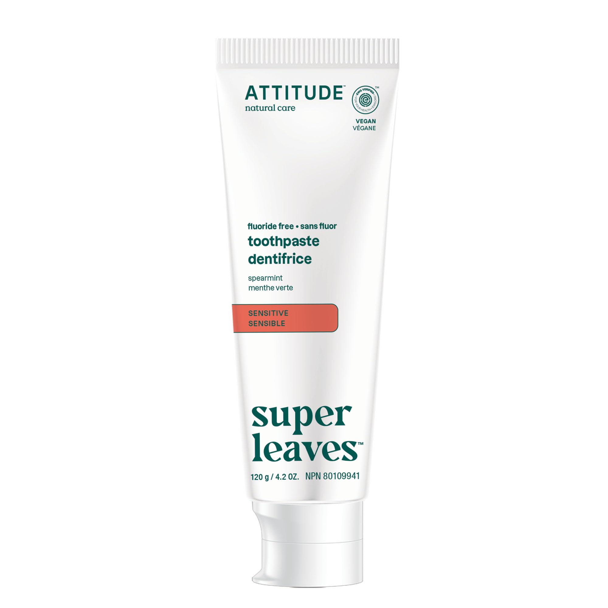 ATTITUDE Fluoride-Free Toothpaste for Sensitive Teeth | Vegan, Cruelty-Free & Sugar-Free | Plant & Mineral Based Formula | Spearmint Flavor 4.2 Oz | Gentle Daily Oral Care for Kids & Adults