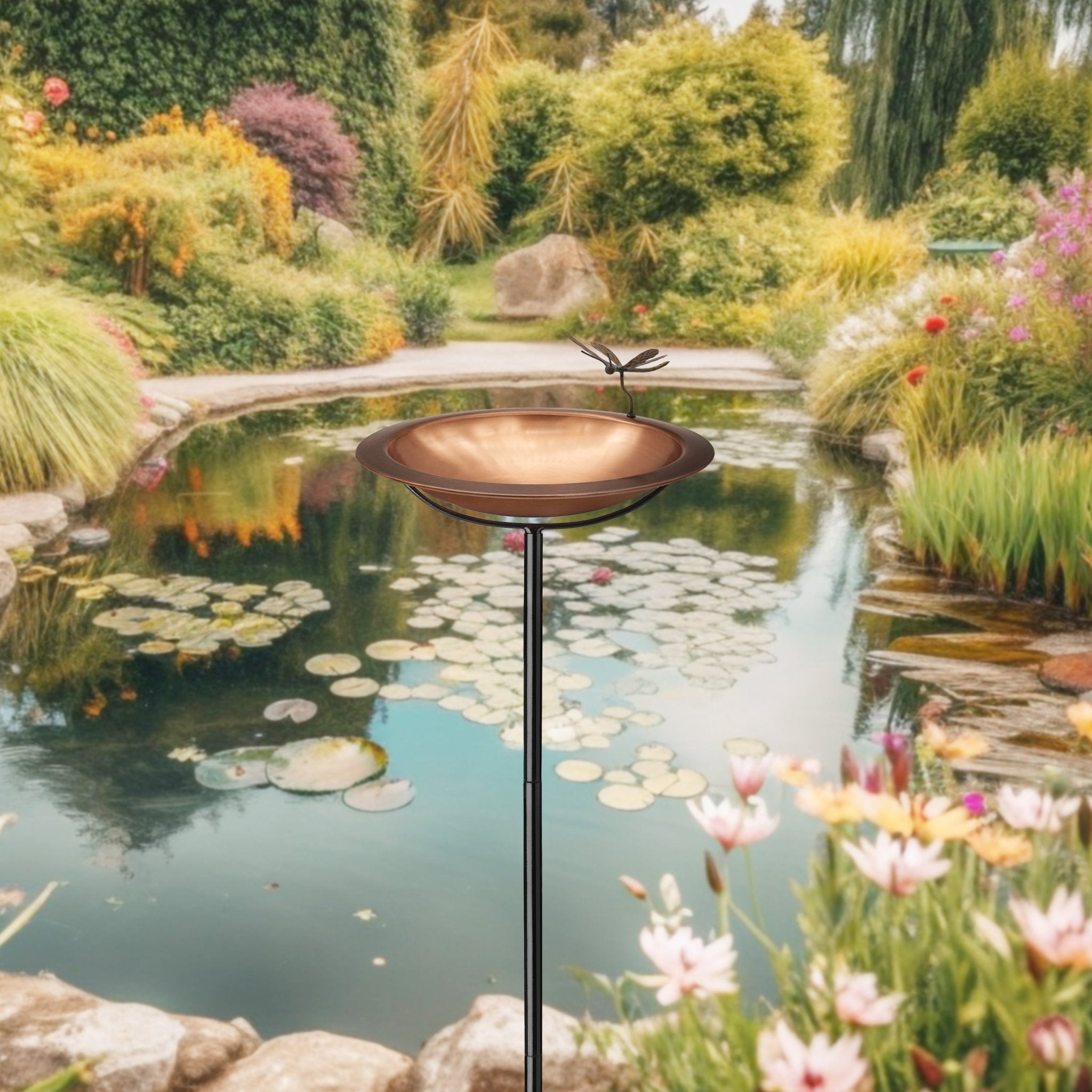 Antique Copper Bird Bath with Patina Dragonfly - Outdoor Garden Decor for Birds and Butterflies - Perfect for Backyard, Patio, and Garden Decorations