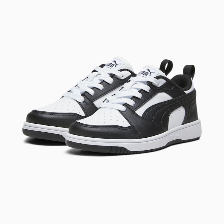 PUMA Kids Rebound V6 Sneakers - White & Black Basketball Shoes for Boys & Girls - Lightweight & Comfortable for School, Sports & Casual Wear
