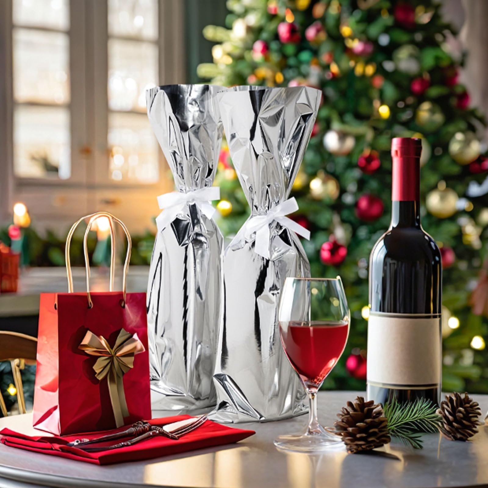 Sparkle & Bash Silver Foil Wine Bottle Gift Bags - 100 Pack Metallic Wine Bottle Wraps (6.25 x 17.5 Inches) - Perfect for Weddings, Birthdays, Christmas & Party Favors