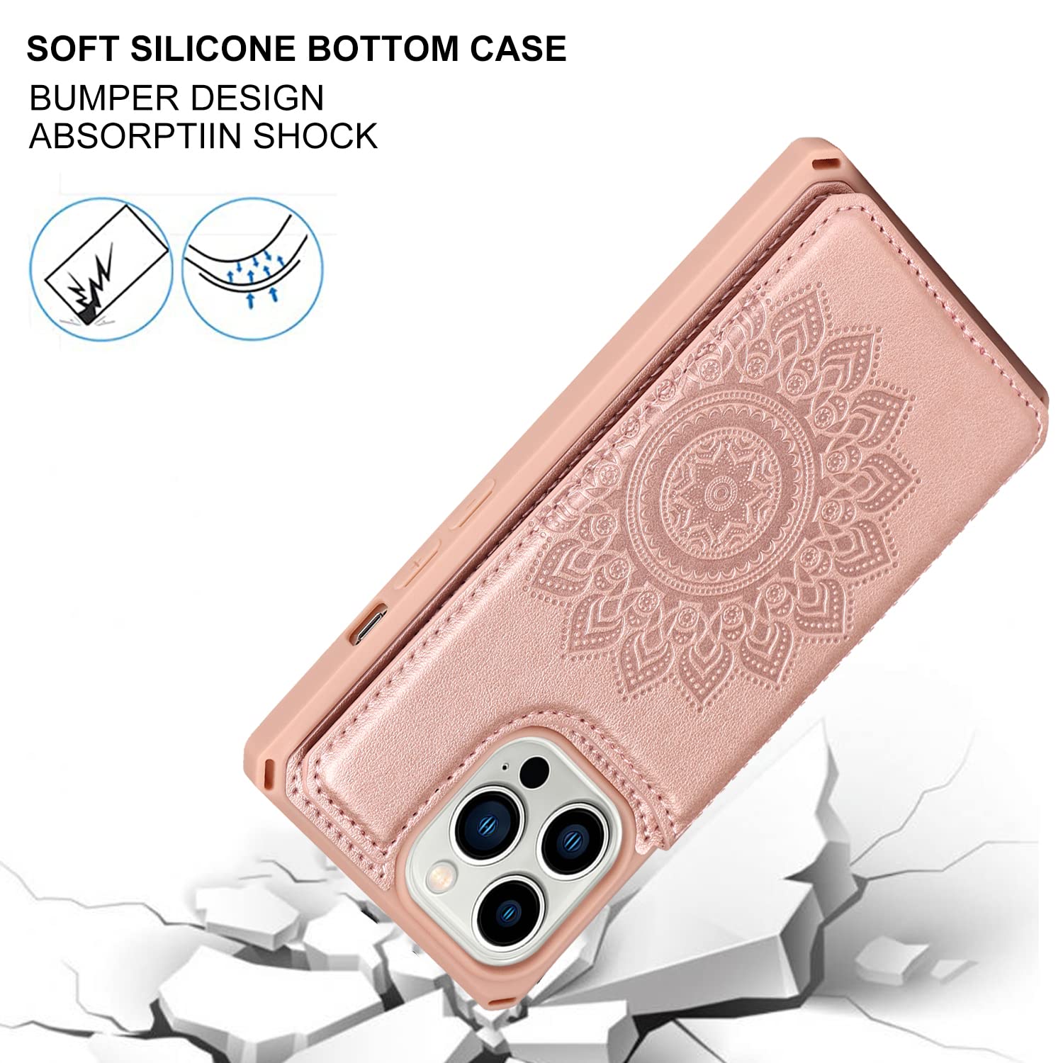 Premium Leather Wallet Case for iPhone 13 Pro Max with Card Holder & Stand - Shockproof Protective Phone Cover with Strap for Men & Women (Rose Gold) - Perfect for Daily Commute, Travel & Hands-Free Use