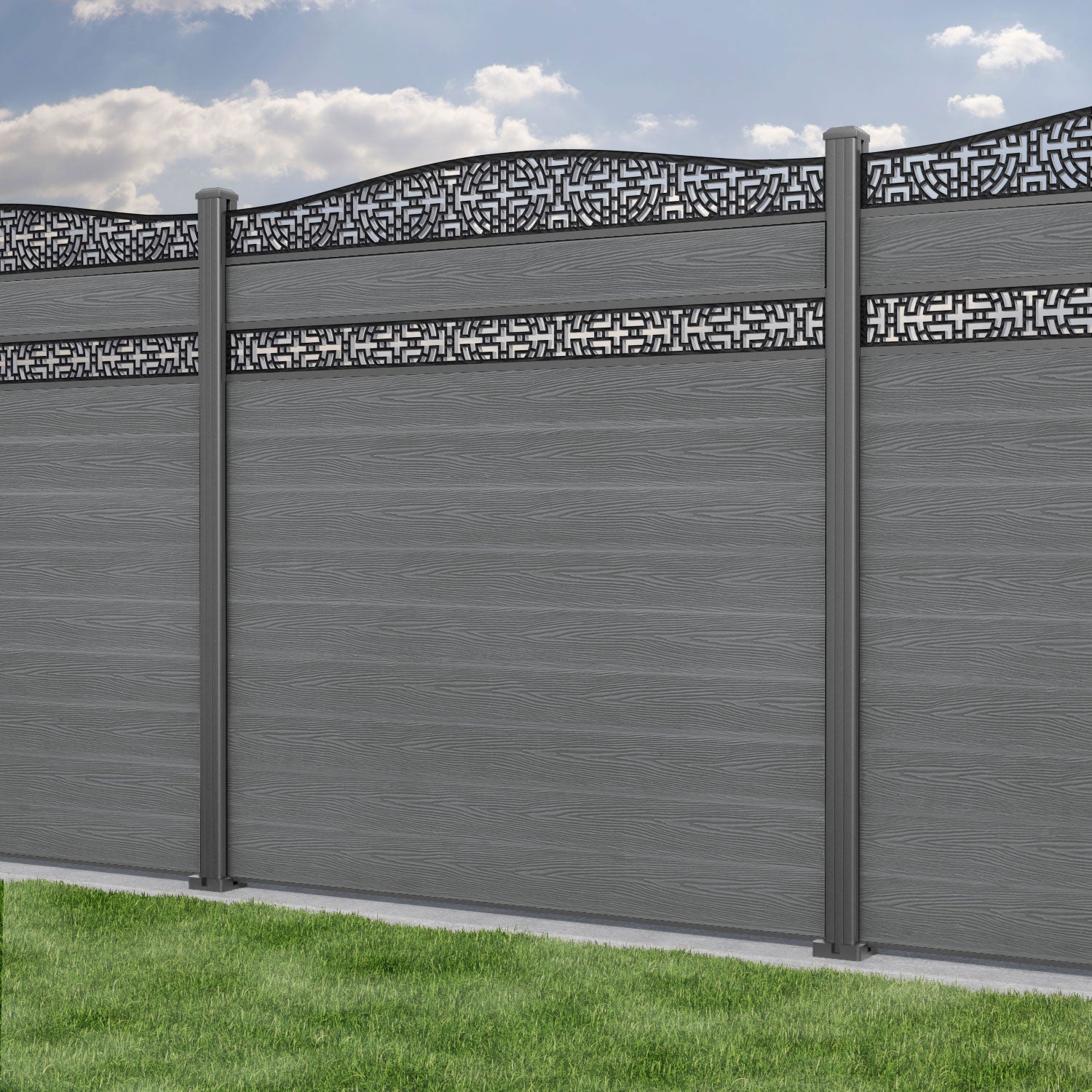Classic Kumo Curved Top Split Screen Fence Panel - Mid Grey - with Aluminum Posts | Privacy Fencing for Backyard, Garden & Patio | Weather-Resistant Outdoor Decor
