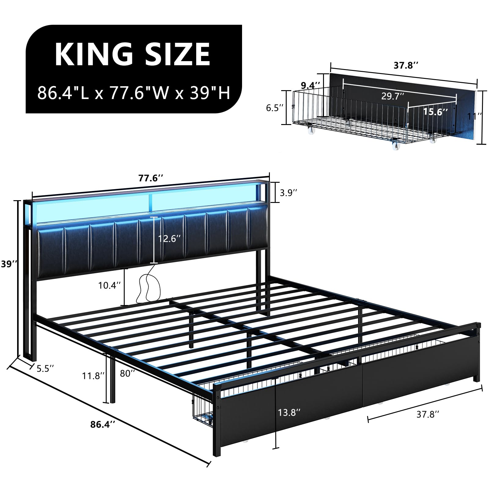 AMERLIFE LED King Size Bed Frame with Storage Drawers - 2-Tier Platform Bed with Leather Upholstered Headboard & USB Charging Station | No Box Spring Required | Quiet & Easy Assembly | Black | Perfect for Modern Bedrooms & Small Space Storage Solutions