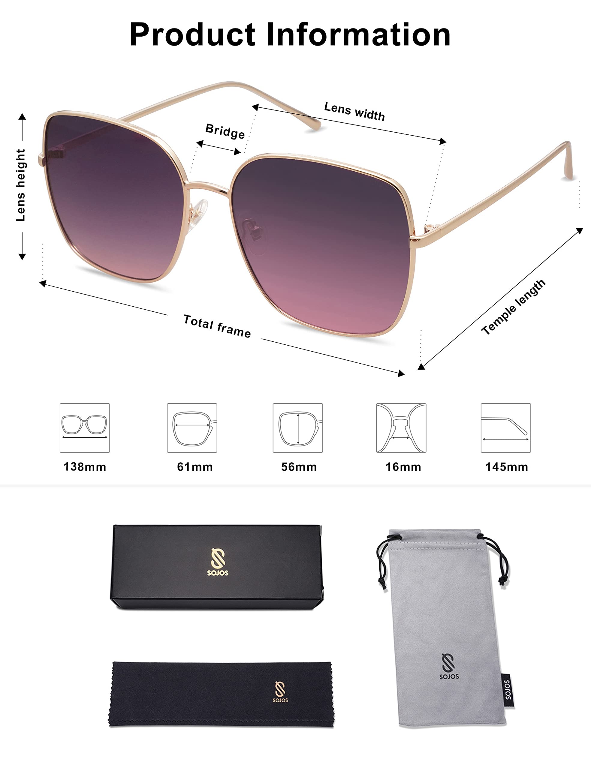 SOJOS SJ1146 Oversized Square Sunglasses for Women & Men - Retro Metal Frame, UV Protection, Flat Lens - Perfect for Driving, Beach, and Outdoor Activities
