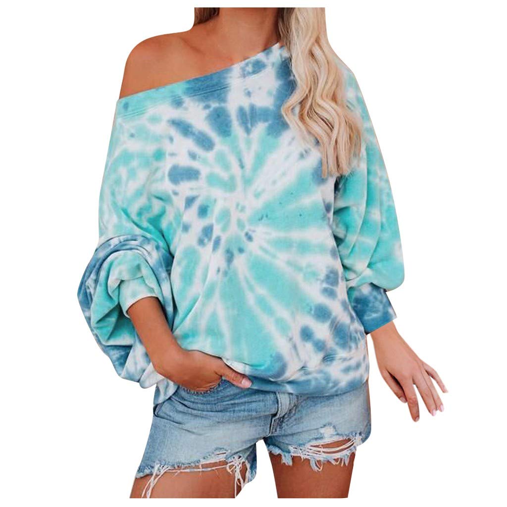 Plus Size Women's Casual Color Block Off Shoulder Tie Dye Oversized Long Sleeve Pullover Sweatshirt Top for Relaxing at Home or Weekend Outings