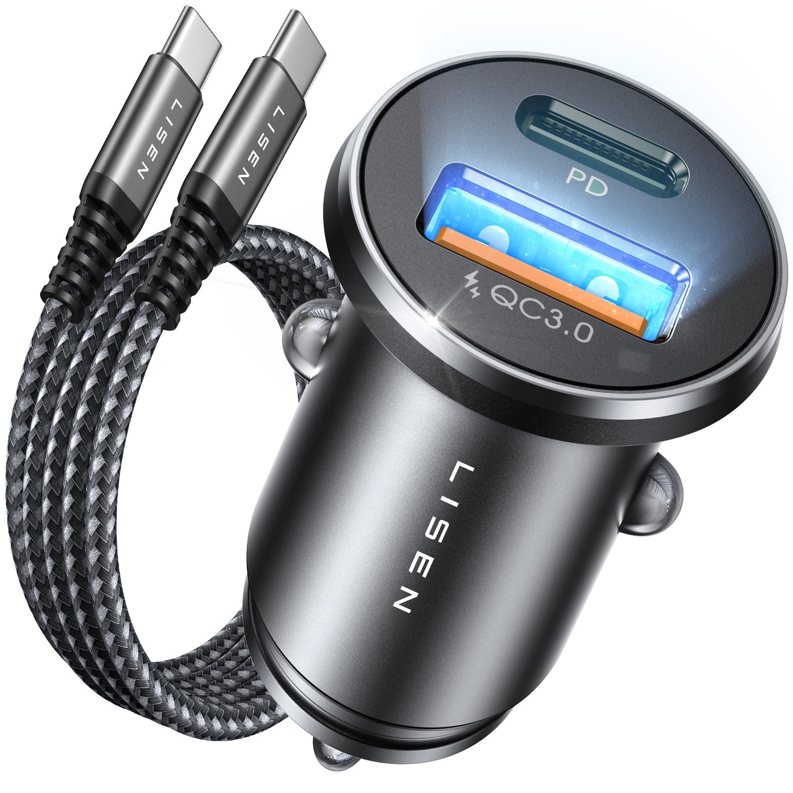 54W LISEN Car Charger Adapter with USB C & USB A Ports - PD3.0 Fast Charging (36W USB-C + 18W USB-A) - 12V Cigarette Lighter Charger for iPhone 16 Pro/16e, Samsung S25 Ultra - Includes 60W USB C Cable - Perfect for Road Trips & Daily Commuting
